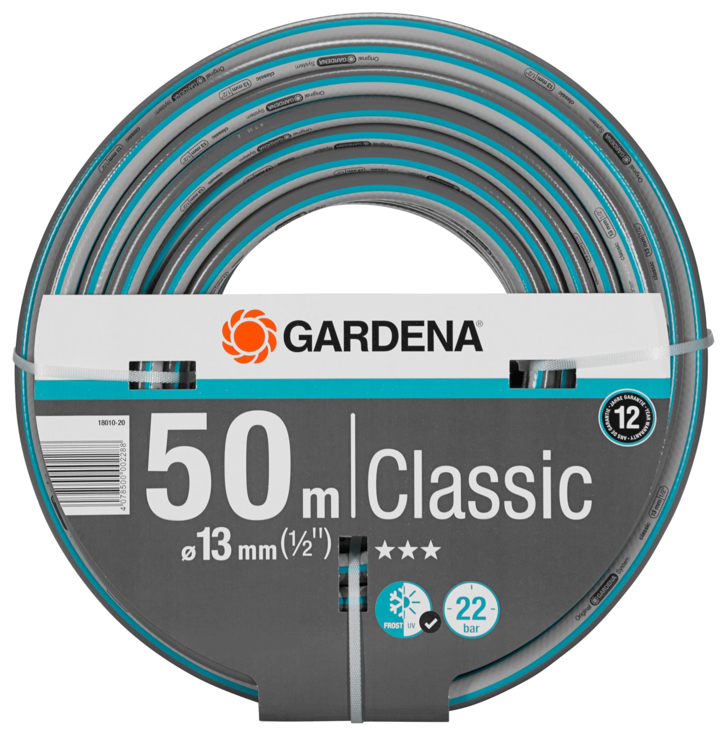 Gardena Tuyau classique 13 mm (1/2 Pouce), 50 m: tuyau de jardin universel en tissu croisé robuste, impression de 22 bars, impression, impression et anti-UV (18010-20)