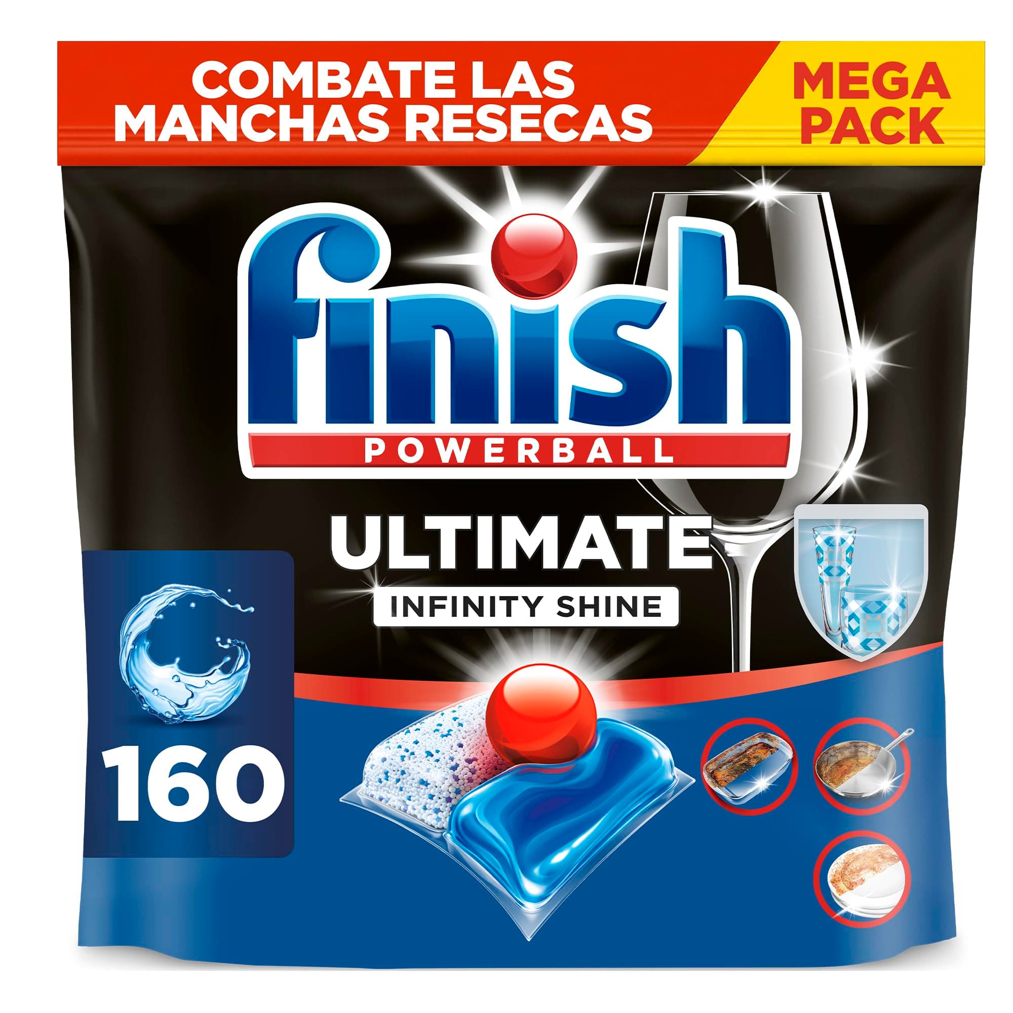 Finish Ultimate Infinity Shine Pastillas para lavavajillas - 160 cápsulas | Combaten las manchas resecas, otorgan limpieza profunda y eficaz. Protegen tu cristalería, Detergente para lavavajillas