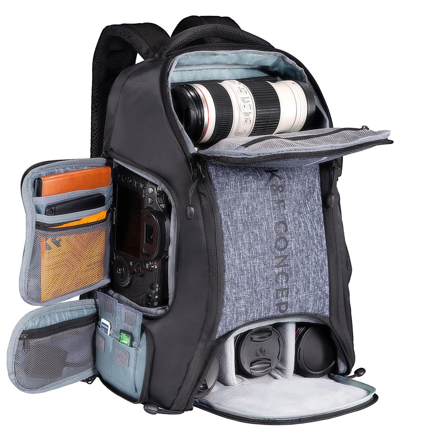 K&F CONCEPT Kamerarucksack wasserdicht Fotorucksack für Canon Nikon Sony Spiegelreflexkameras, Drohne, Objektiv, Laptop, Stativ und Zubehör