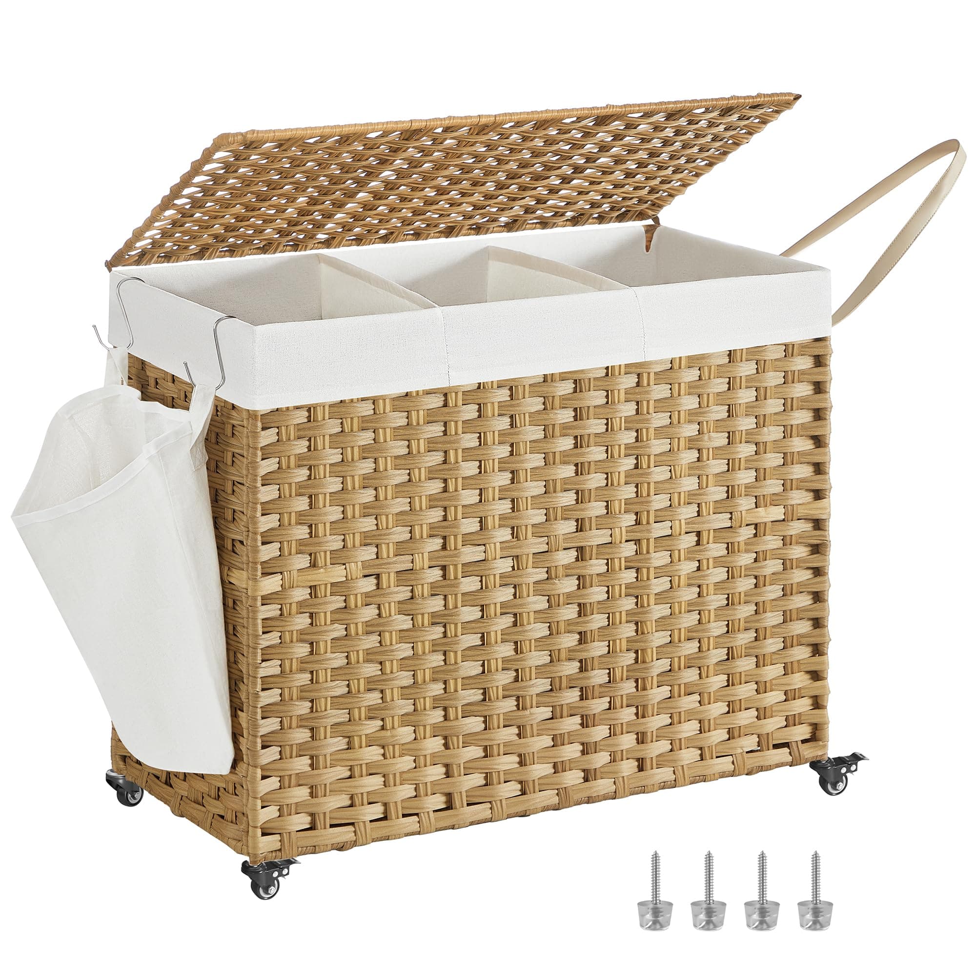 SONGMICS Panier à Linge avec Couvercle, 160L, Corbeille Linge Sale Tressé, avec roulettes, 3 Compartiments, Sac Intérieur Amovible, pour Buanderie, Chambre, 70 x 36 x 66 cm, Couleur Boisée LCB365N01