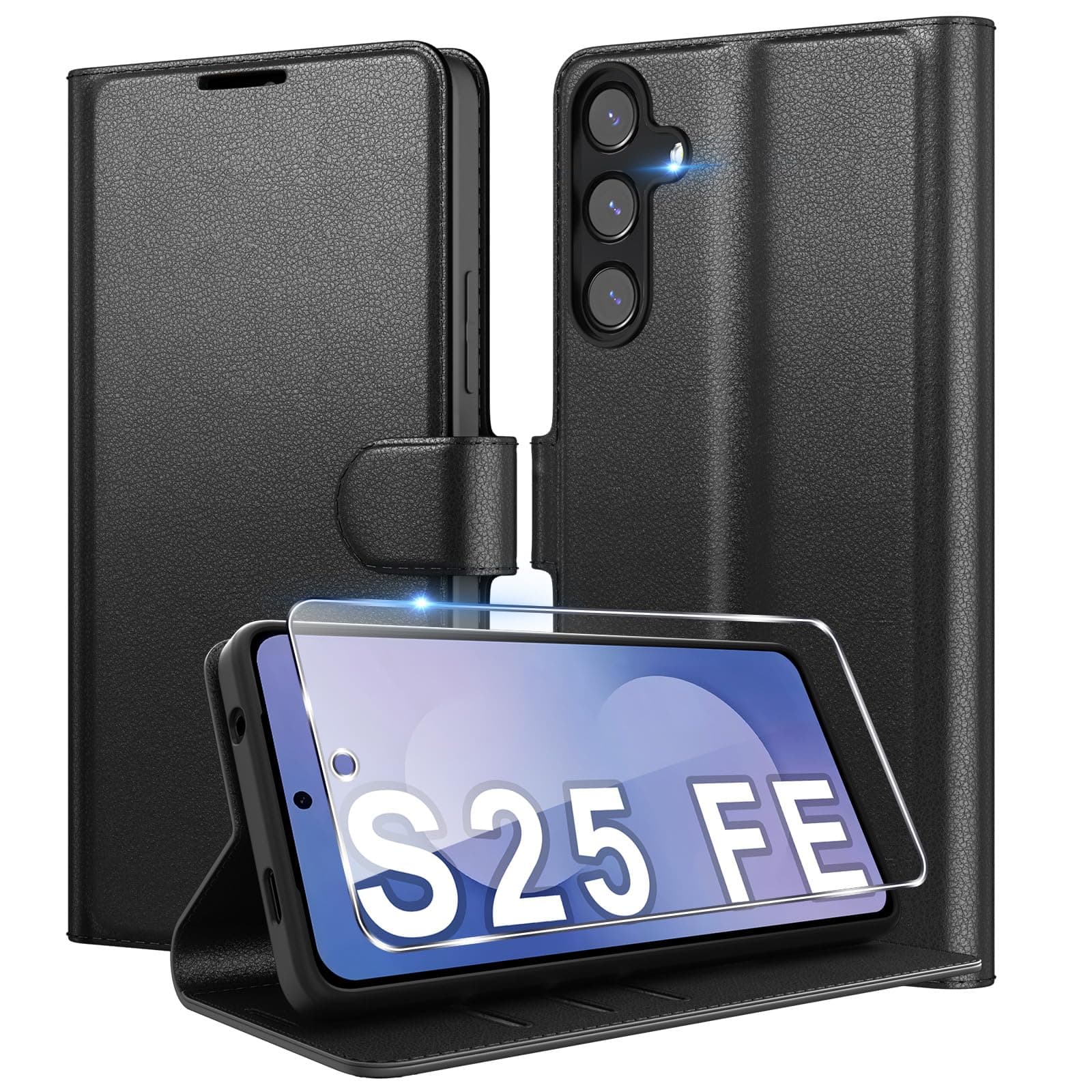 Eirltiy Coque pour Samsung Galaxy S25 FE en Premium Cuir PU, Portefeuille Housse Etui pour Cartes Protection Anti-Choc Flip Case avec 1 Verre Trempé Noir