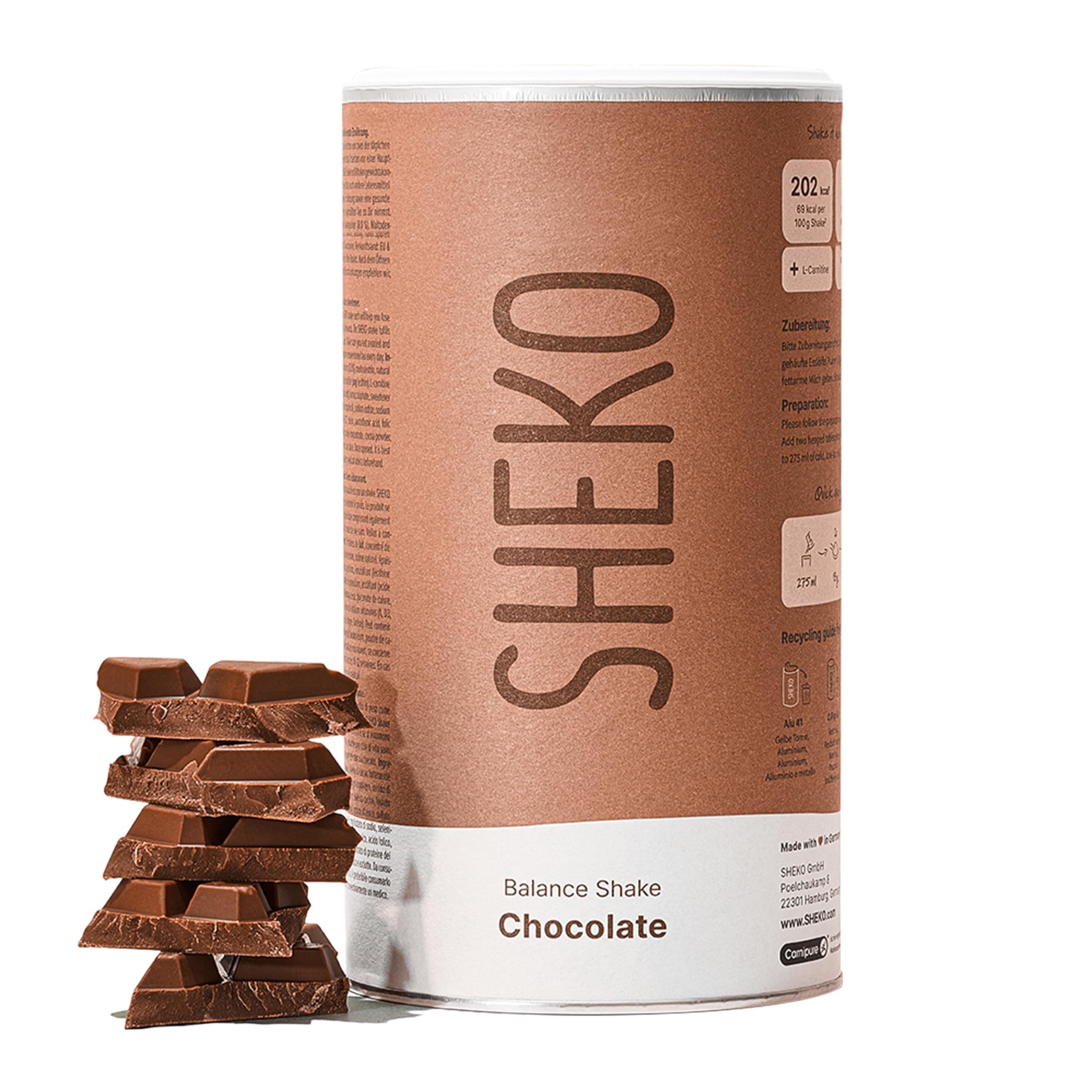 SHEKO - Frullato sostitutivo di base - 21 frullati per barattolo - Alto contenuto proteico - Gusto naturale - Frullato dimagrante - Dieta (378 g, Cioccolato)