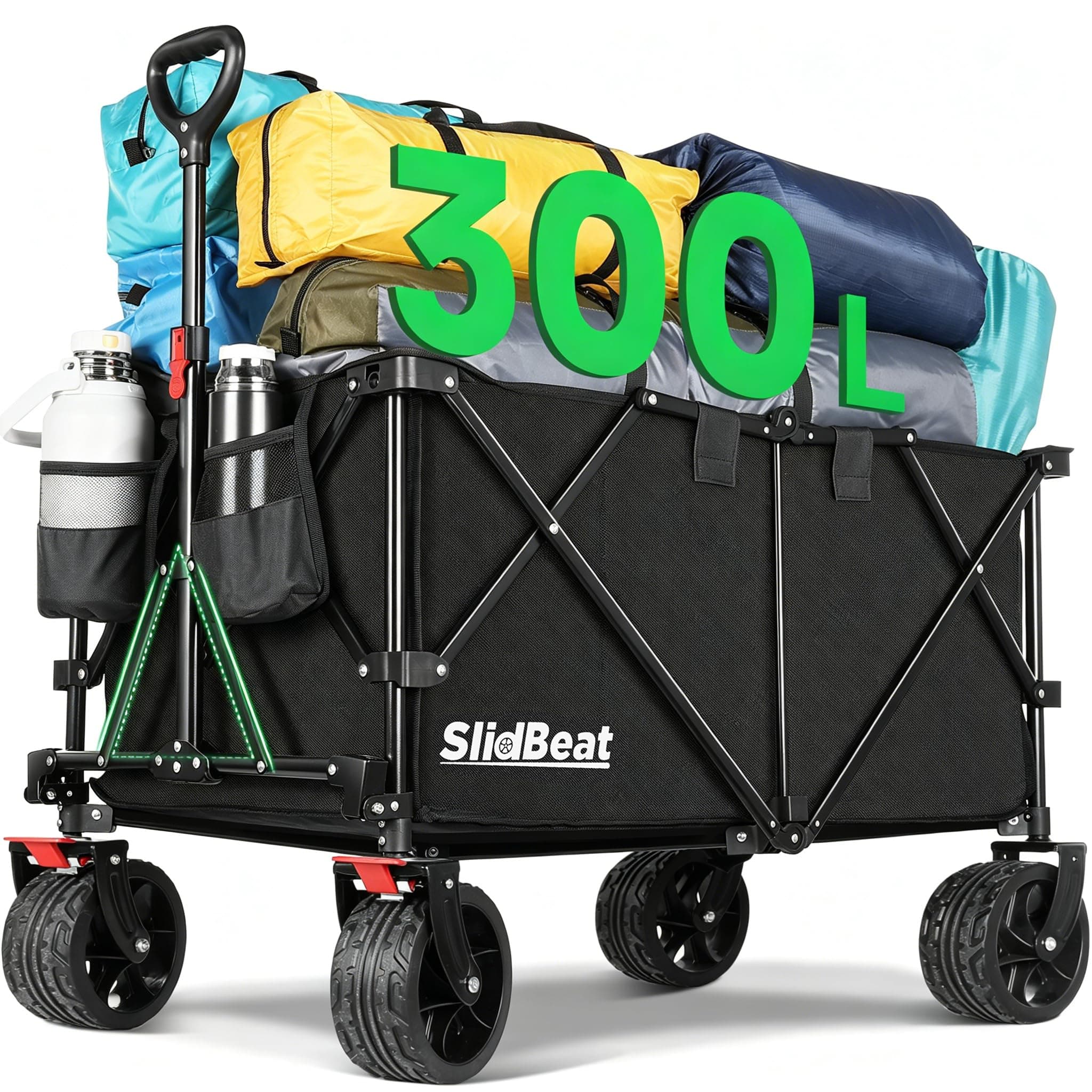 SLIDBEAT Chariot Tout Terrain Pliable - 226kg Capacité 300L, Roues XXL 18cm, Chariot Plage avec Freins, Structure Triangulaire Renforcée, Toile 600D Imperméable - Pour Plage, Camping, Peche, Transport