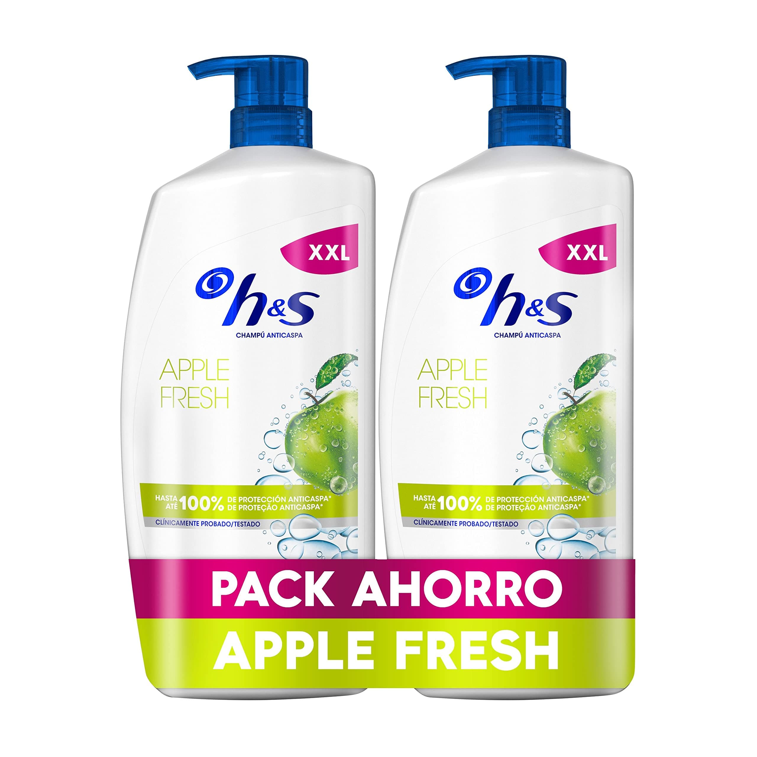 H&S Apple Fresh Champú Anticaspa 2x1000ml con Dispensador, para Uso Diario. Hasta 100% de Protección Anticaspa, Clínicamente Probado. Para Todo Tipo de Pelo y Cuero Cabelludo. Frescor, Aroma a Manzana