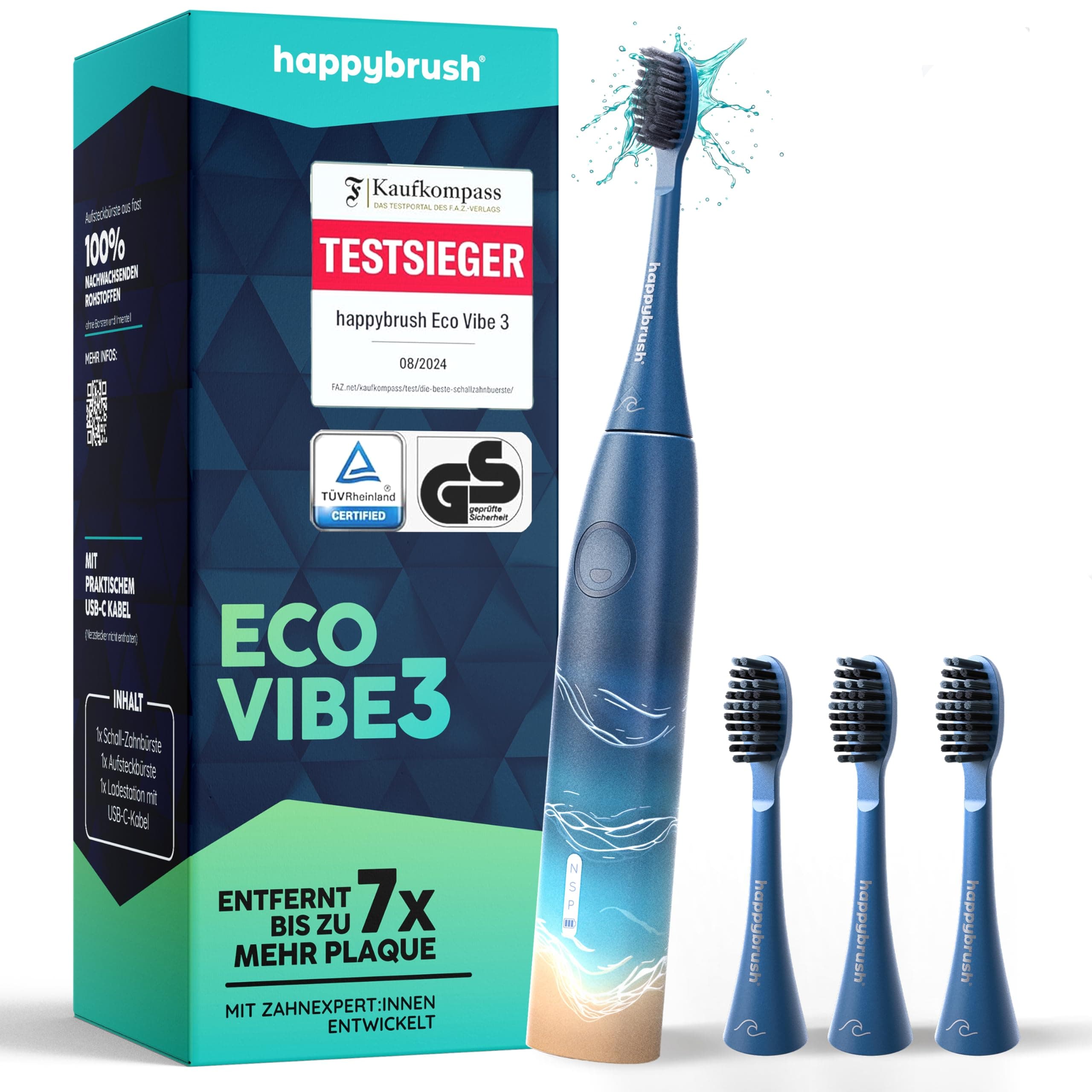 happybrush® Schallzahnbürste Eco Vibe 3 – TESTSIEGER – 100 Tage testen - Elektrische Zahnbürste mit 8 Wochen Akku – Ultraschall Zahnbürsten – 2 Jahre Garantie - Inkl. Aufsteckbürsten - Ocean