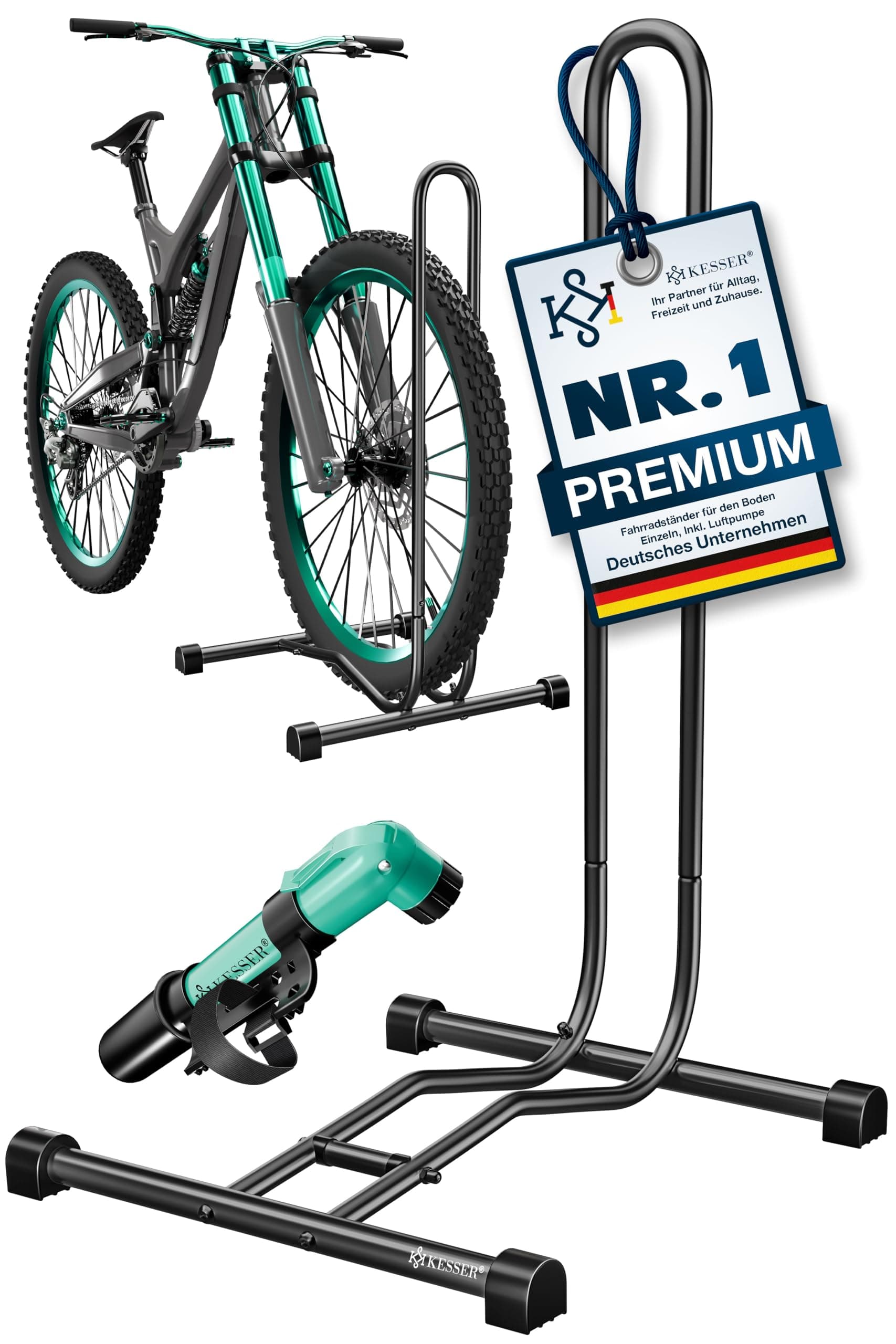 KESSER® Fahrradständer Boden einzeln für Mountainbike, E-Bike, Citybike, Rennrad, MTB | Fahrrad Montageständer | Freistehender Fahrradhalter Ständer Eisen | Reifenbreite bis 65mm | Inkl. Luftpumpe