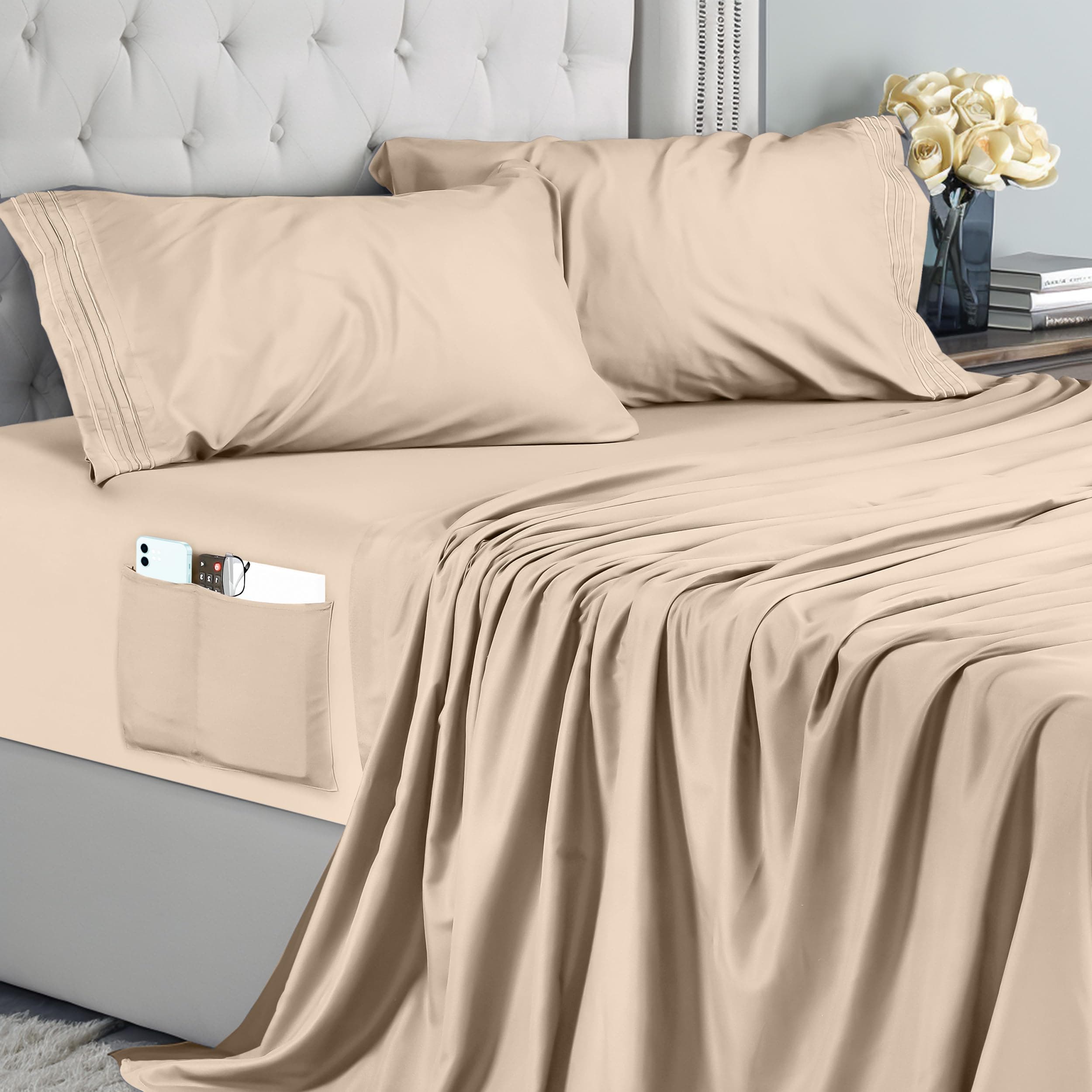 Utopia Bedding Juego de Sabanas 4 Piezas 135x190 - Microfibra De Poliéster, Sábana Bajera con Bolsillos de Almacenamiento, Sábana Plana Y 2 Fundas De Almohada Bordadas (Cama 135, Beige)