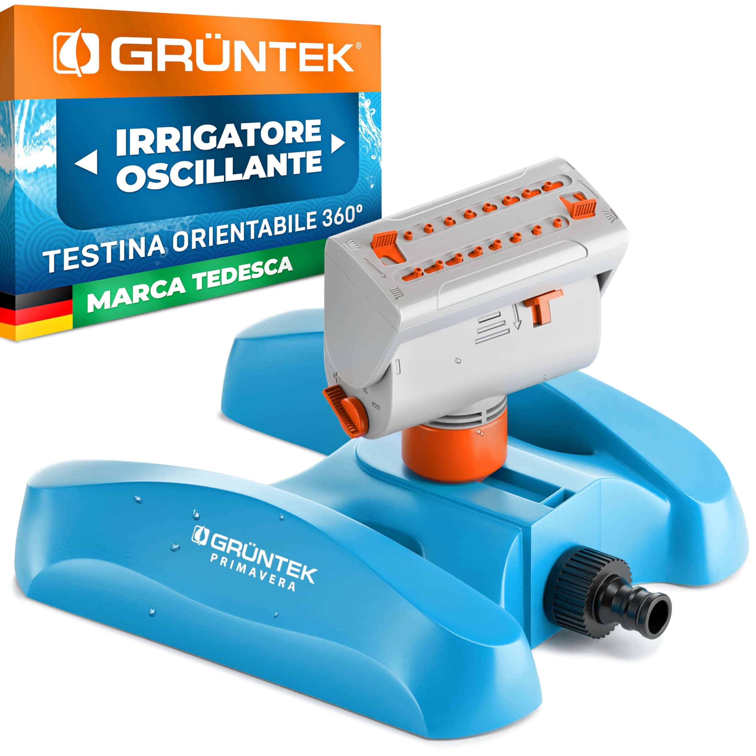 GRÜNTEK Irrigatore Oscillante da Giardino Piccolo Regolabile. Spruzzatore Esplosivo e Regolabile per Prati e Aiuole Grandi e Piccole