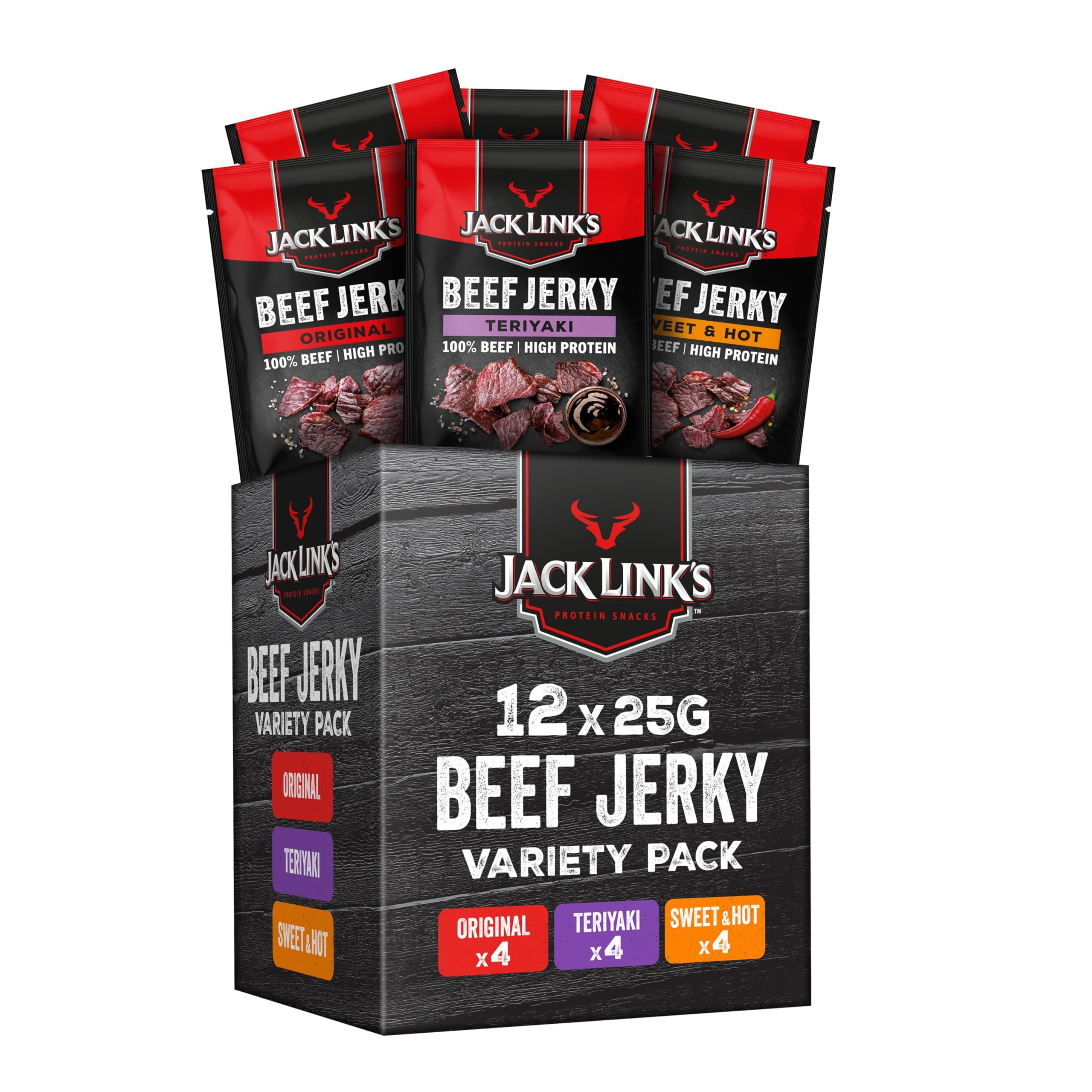 Jack Links Beef Jerky pack de mélanges (12 x 25 g) - Viande séchée - Riche en protéine snack - Charcuterie - Viande de boeuf - Boeuf séché
