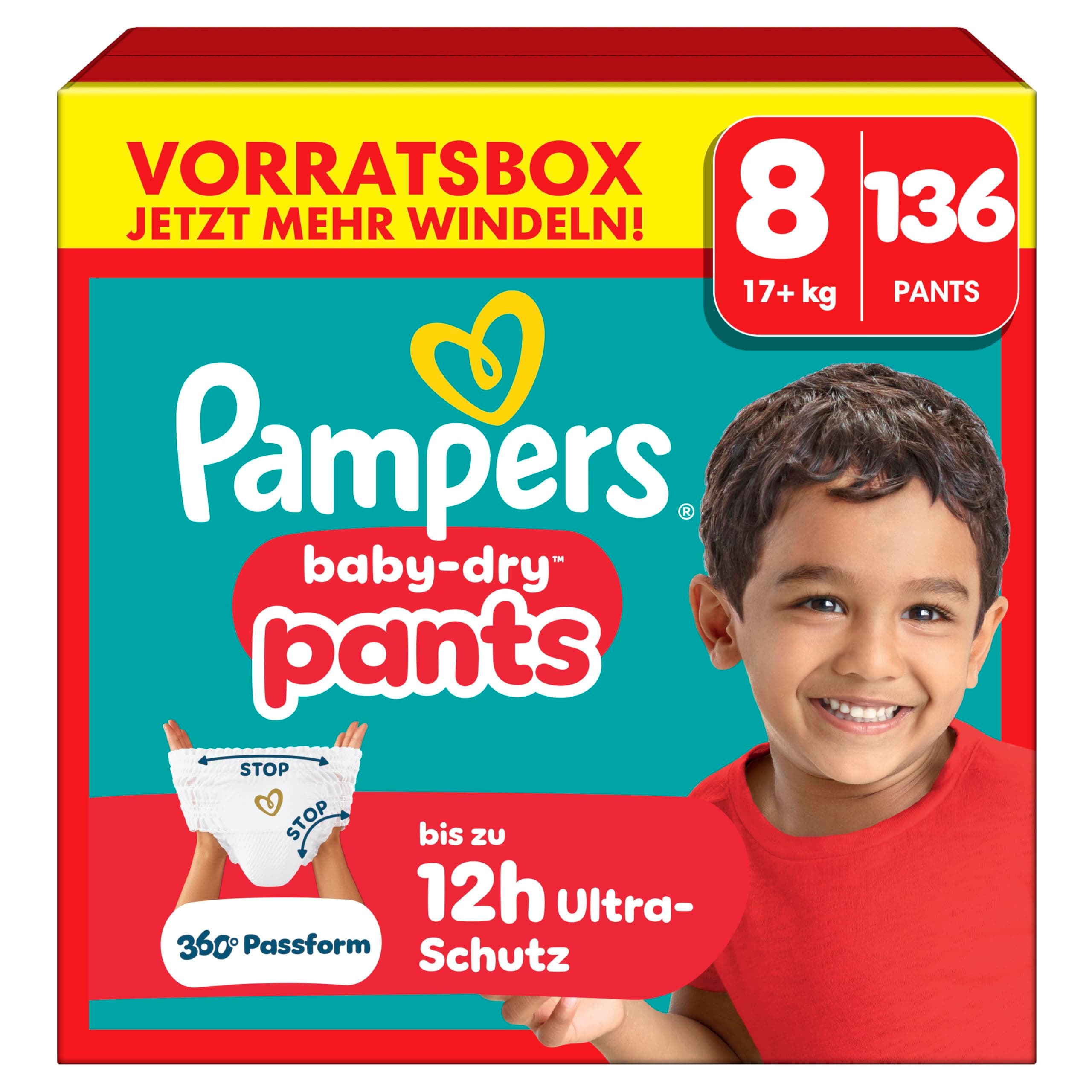 Pampers Baby-Dry Pants Größe 8, 136 Stück, 17kg+, 360° auslaufsichere Passform für Tag und Nacht