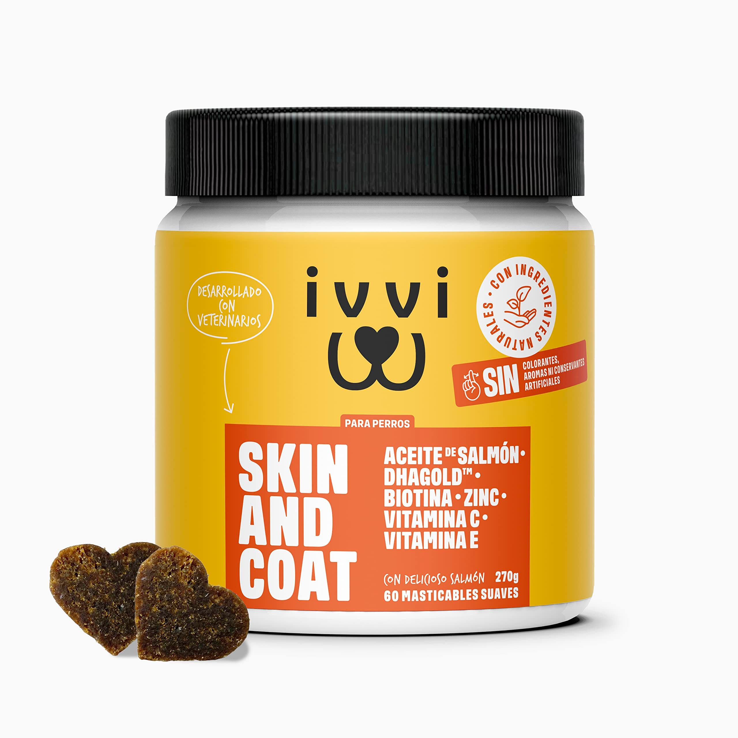 ivvi Skin & Coat Complemento Alimenticio para Perros, Anti-Picor, Pelaje Suave y Brillante - Omega 3, Aceite de Salmón, DHAgold, Vitaminas C, E y Zinc - 60 Golosinas de Salmón