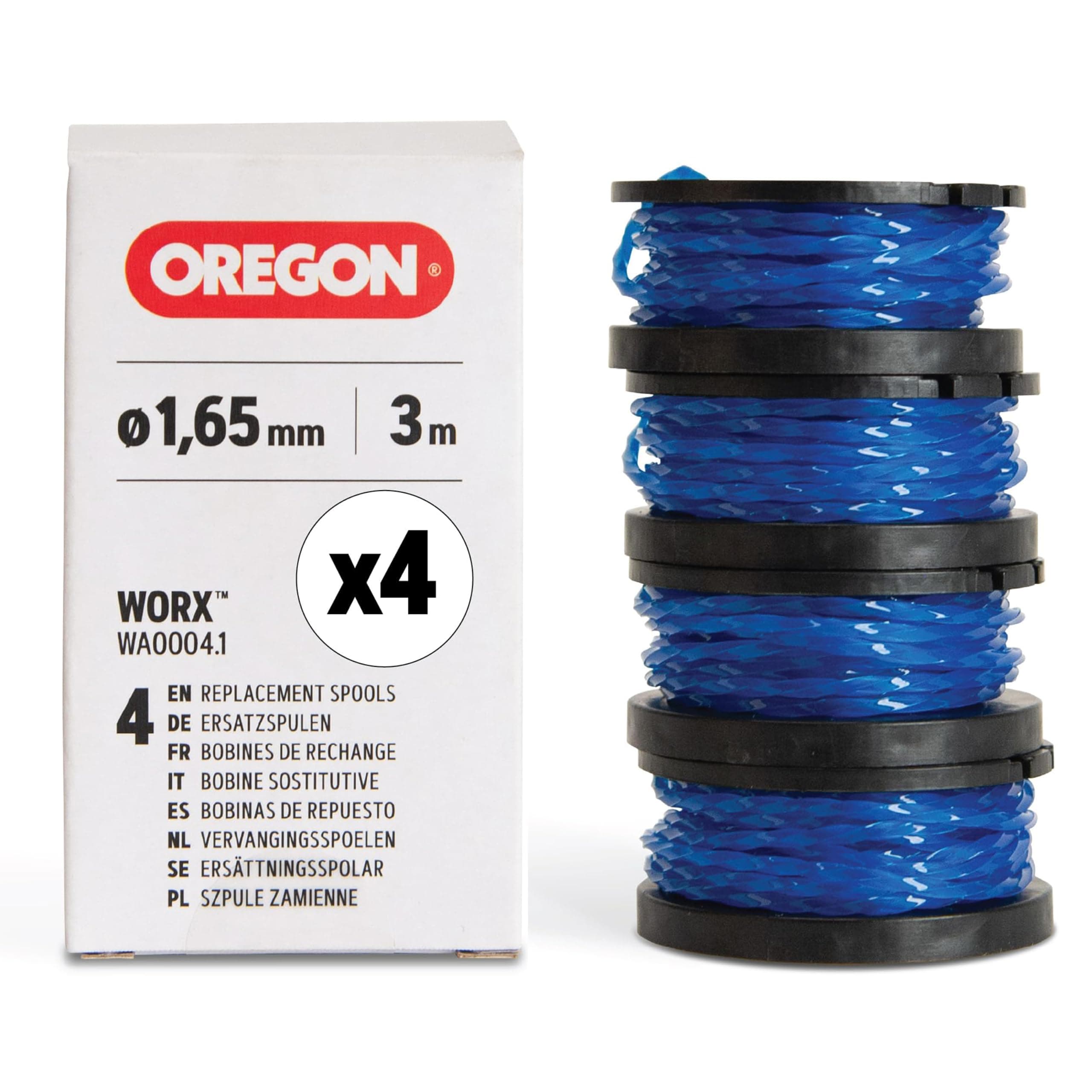 Oregon Carrete de hilo para desbrozadoras Worx WA0004.1, pack de 4 | Reemplazo Exacto para cortabordes Worx, con hilo cuadrado en espiral Oregon Gatorline de 1,65 mm