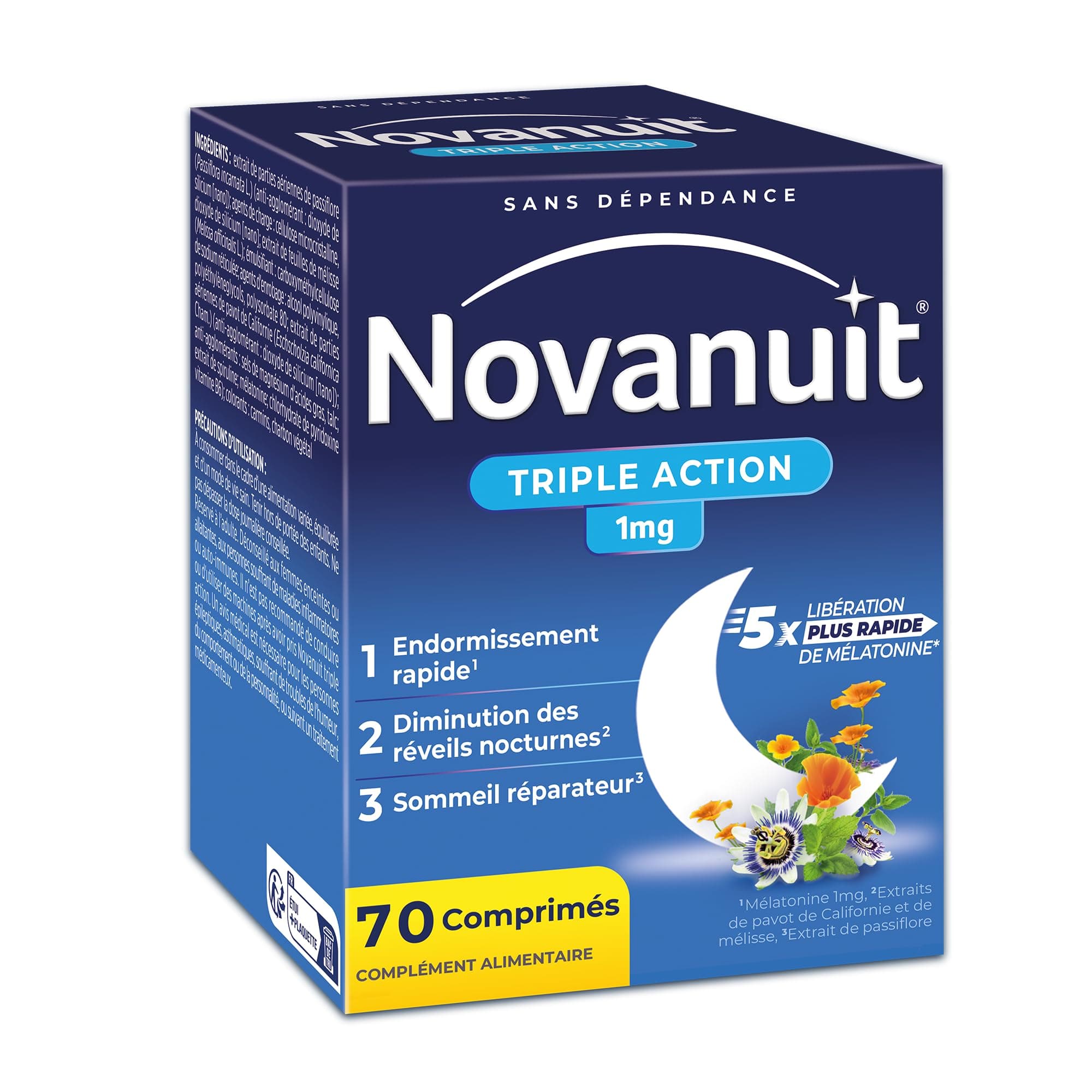 NOVANUIT TRIPLE ACTION – Complément Alimentaire pour Endormissement – Réveils Nocturnes – Sommeil Réparateur – Mélatonine 1mg Plantes Vitamine B6 – 70 Comprimés – Réservé à l'Adulte