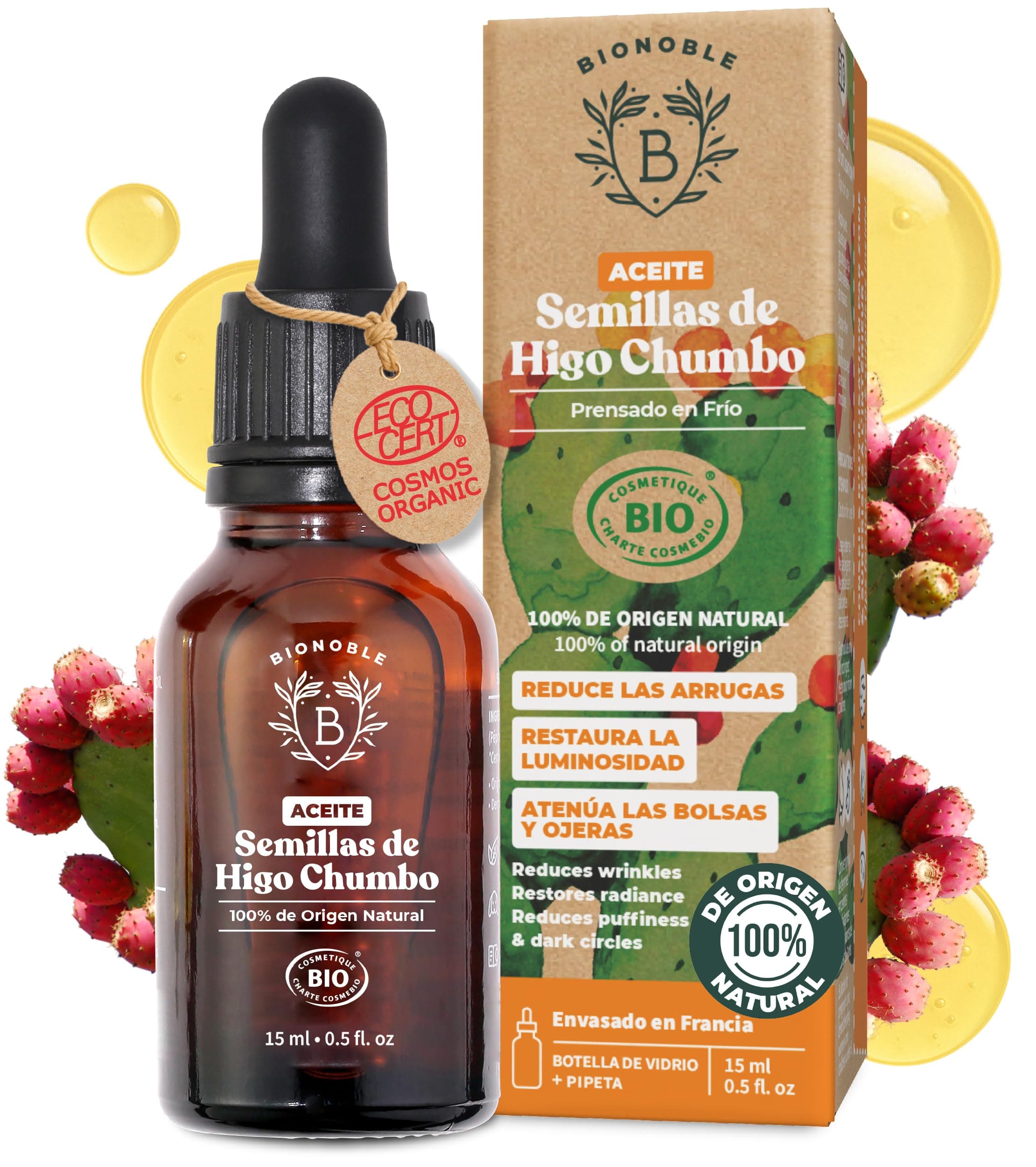 BIONOBLE Aceite de Semillas de Higo Chumbo Orgánico, 100% Puro, Prensado en Frío, Sin Hexano - Antiarrugas, Reduce Ojeras y Bolsas - Aceite de Higo Chumbo Rostro - Botella de Vidrio con Pipeta - 15ml