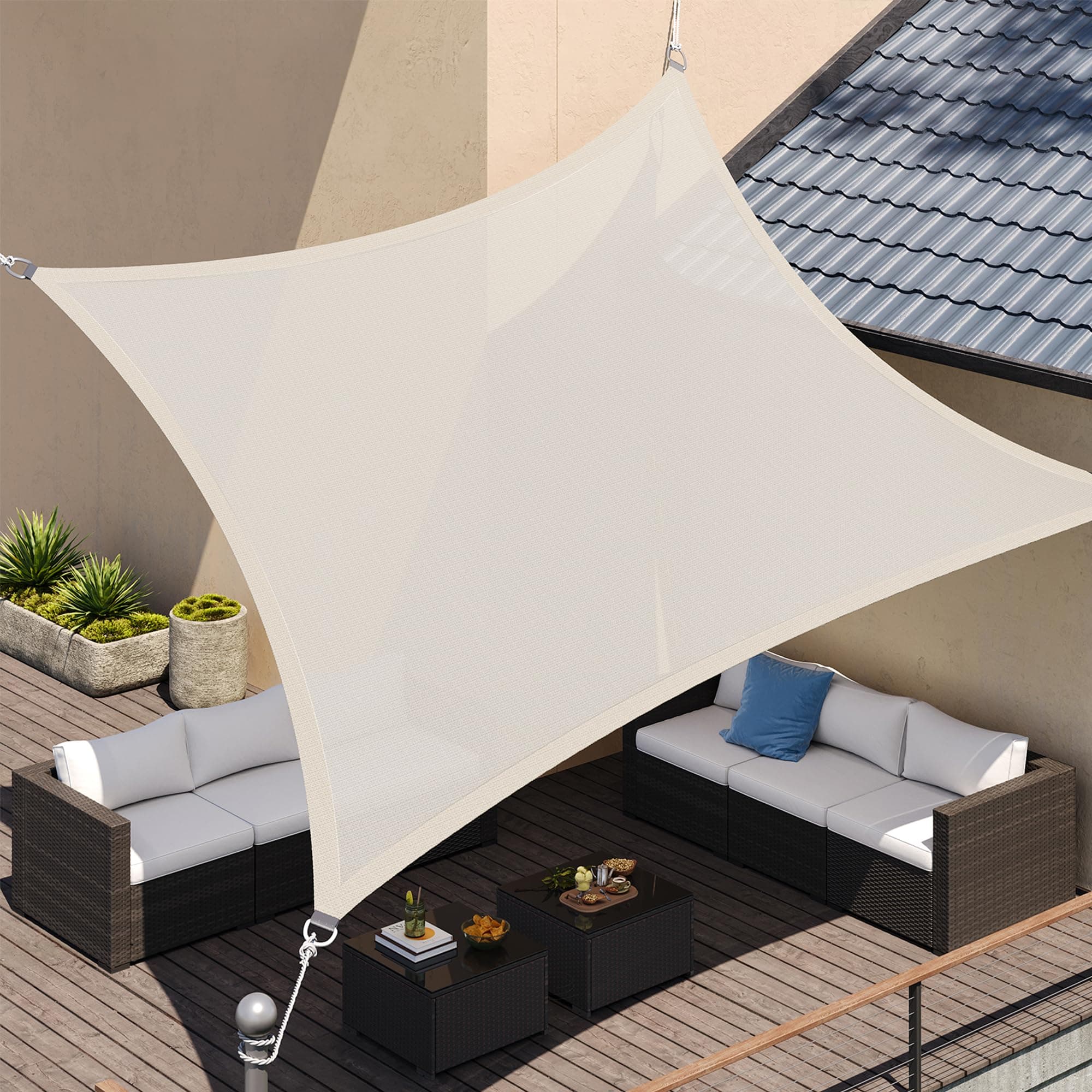 SONGMICS Sonnensegel 3 x 4 m, Sonnenschutz aus HDPE-Gewebe, luftdurchlässig, wasserdurchlässig, für Terrasse, Garten, Balkon, Camping, rechteckig, konkav, 2 m Seile, beige GSS34IVV1