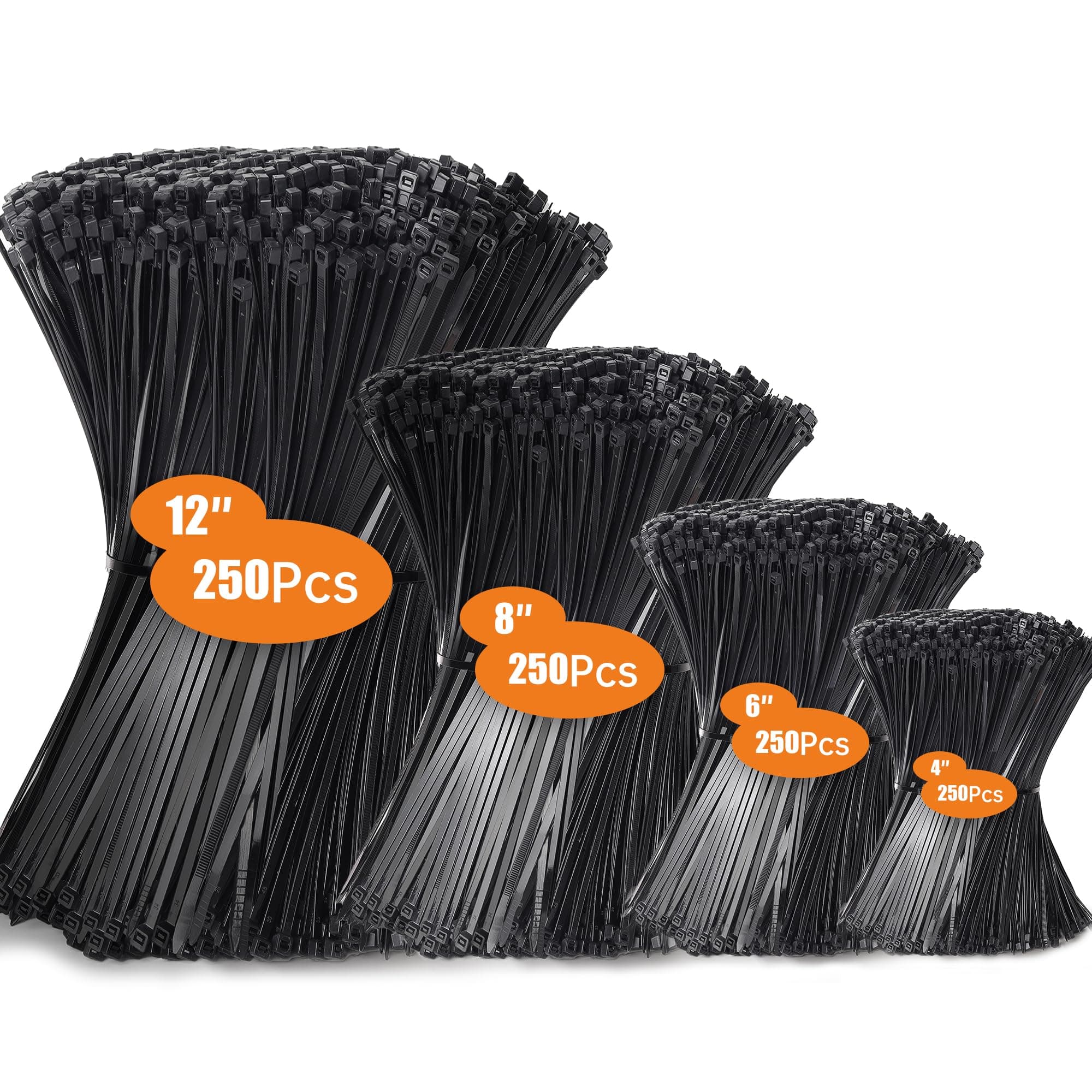 1000 pezzi Fascette Elettricista Nere, 100/150/200/300mm Fascette Plastica, Fascette Nere Resistente Allatemperature, Resistenza Alla Rottura 18 kg per Gestione dei Cavi Elettrici, Fili, Giardinaggio