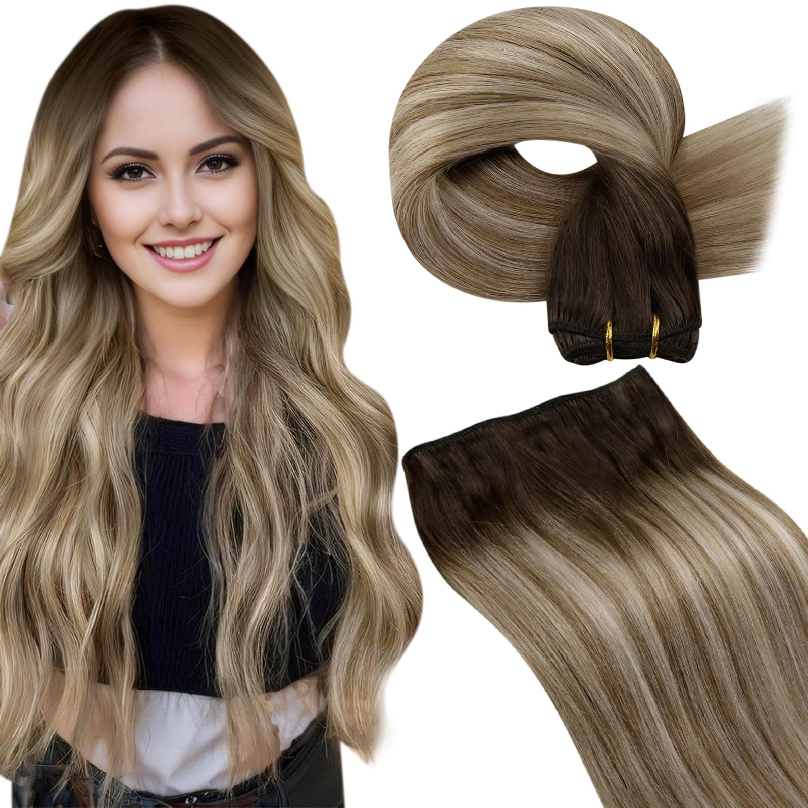 LaaVoo Extension Capelli Veri Tessitura 45cm 100g Balayage Marrone Extension Tessitura Capelli Veri Umani Marrone Scuro a Marrone Chiaro e Biondo #3/8/24
