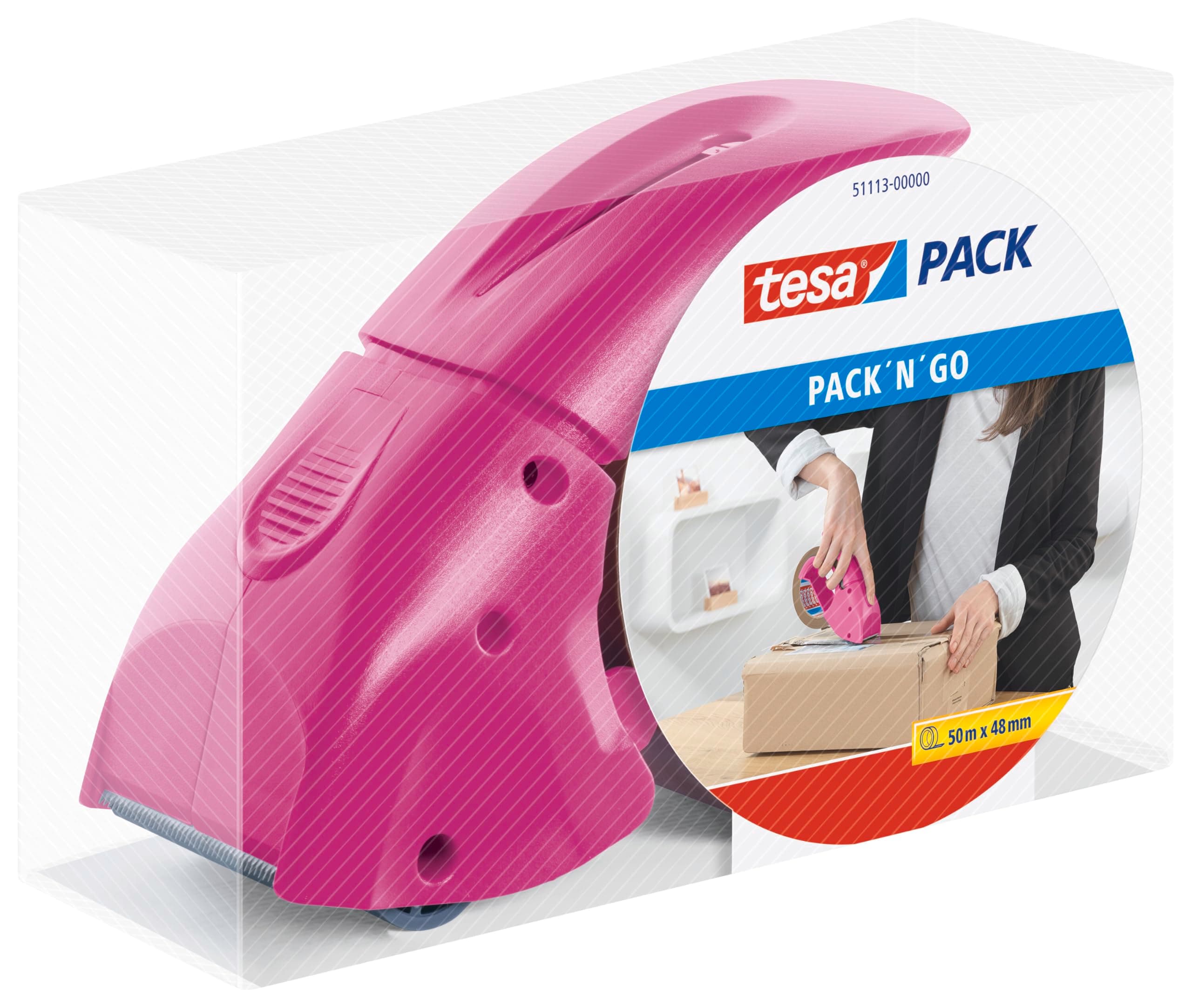 tesa tesapack Abroller Pack' n' Go - Ergonomischer, pinker Handabroller für Paketbänder - Inklusive 50 m x 50 mm Klebeband