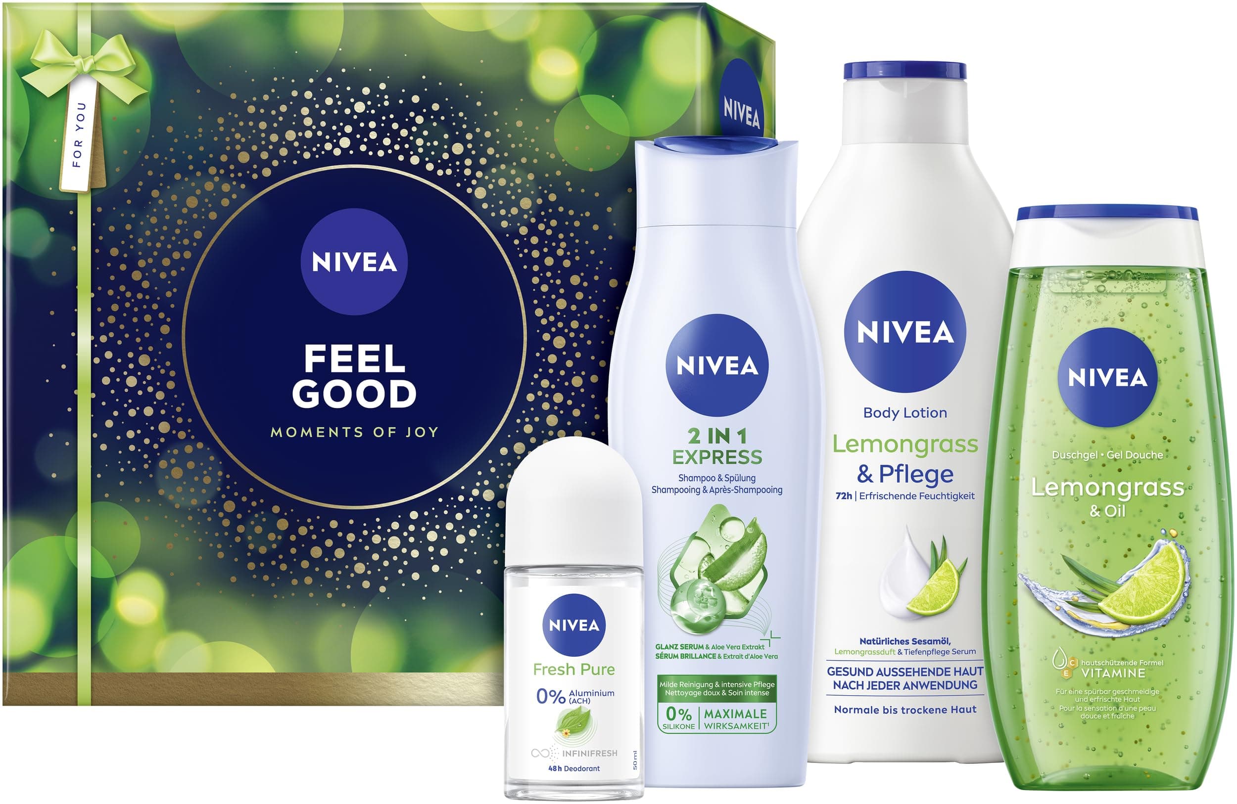 NIVEA Feel Good Geschenkset, Geschenk für Frauen, Geschenkbox mit Duschgel (250 ml), Shampoo (250 ml), Body Lotion (400 ml) und Deo (50 ml)