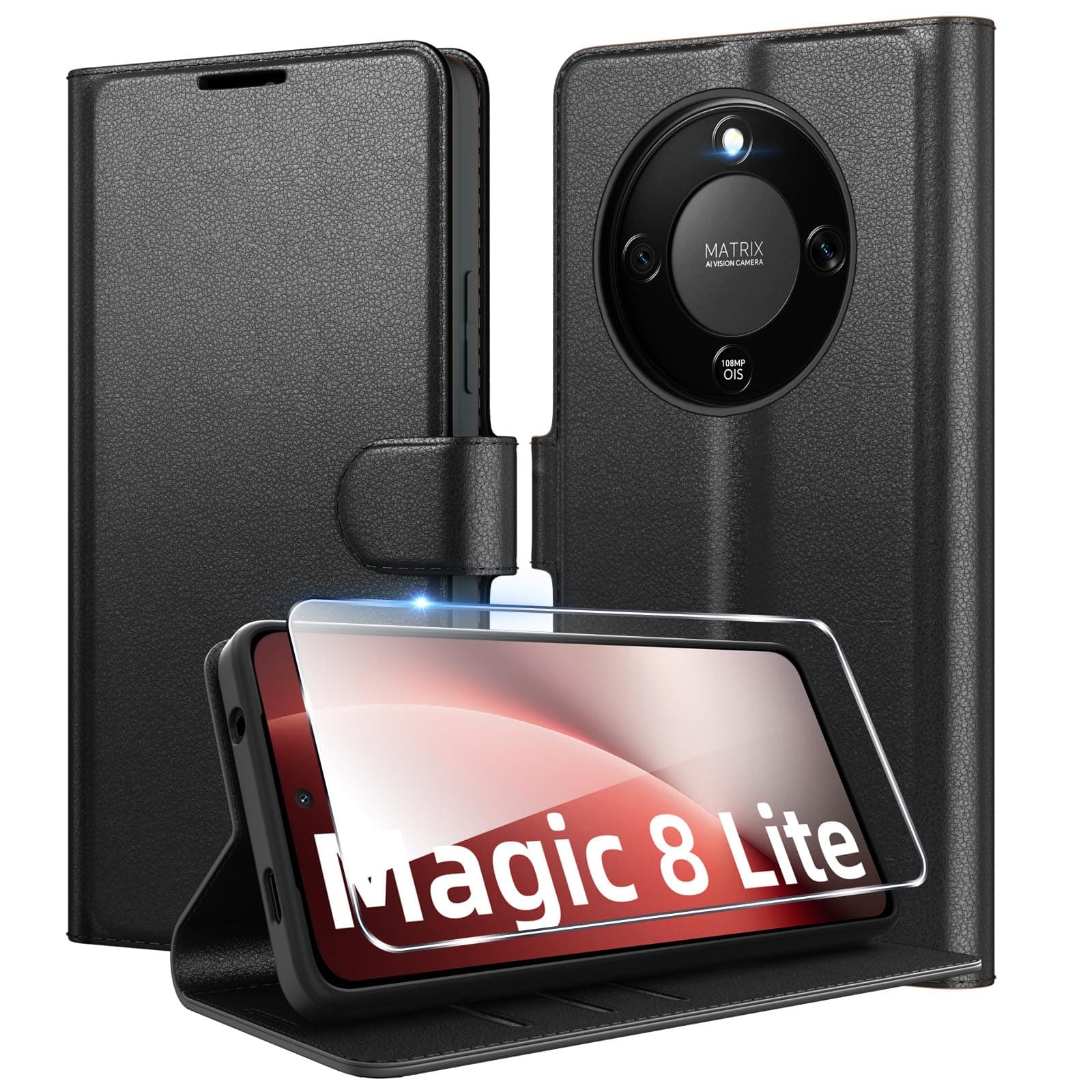 Eirltiy Coque pour Honor Magic 8 Lite en Premium Cuir PU, Portefeuille Housse Etui pour Cartes Protection Anti-Choc Flip Case avec 1 Verre Trempé Noir