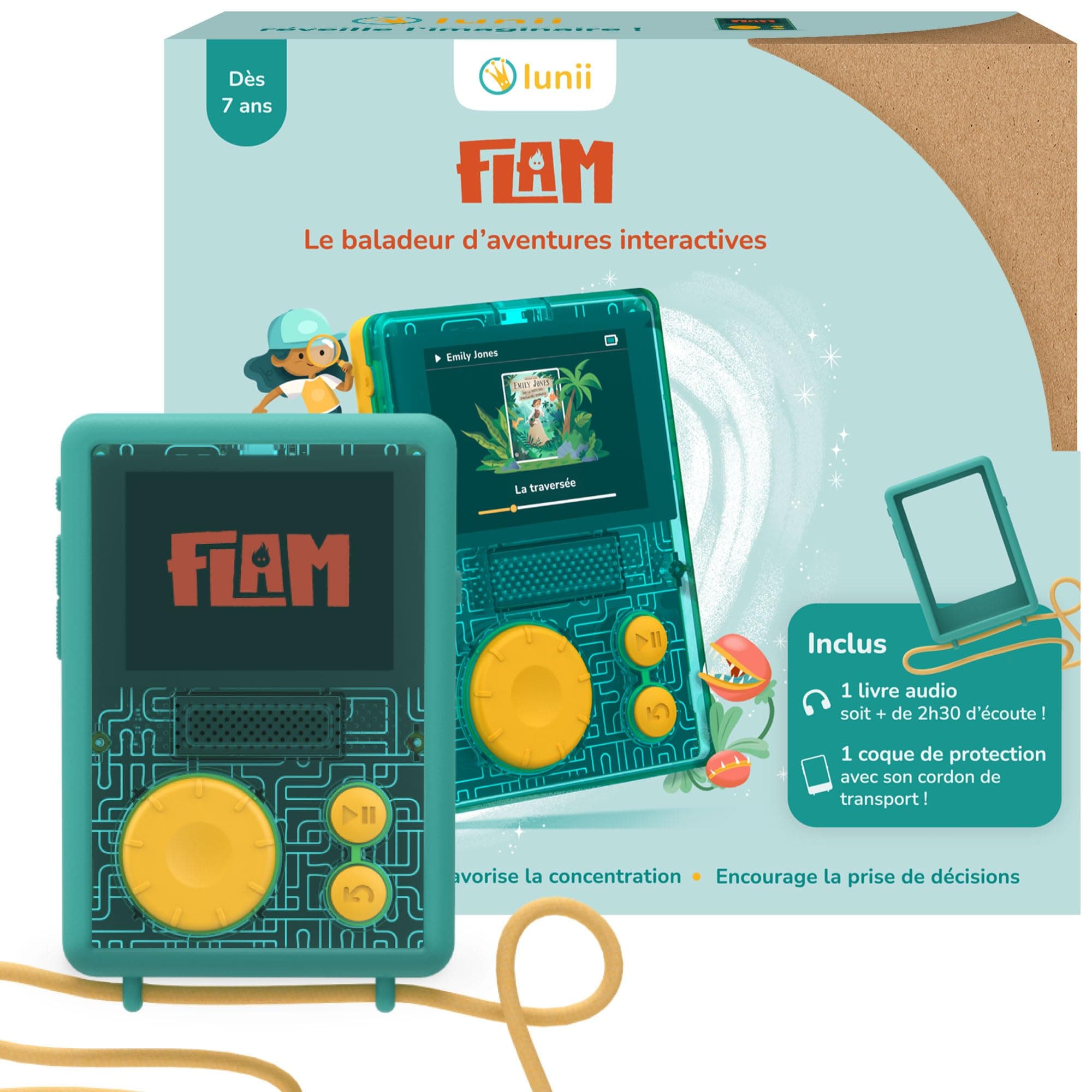Lunii - Pack baladeur Audio FLAM + Coque antichocs de Protection Officielle Verte + 2h45 d'histoires à Jouer incluses à télécharger,Dès 7 Ans - Fabriquée en France