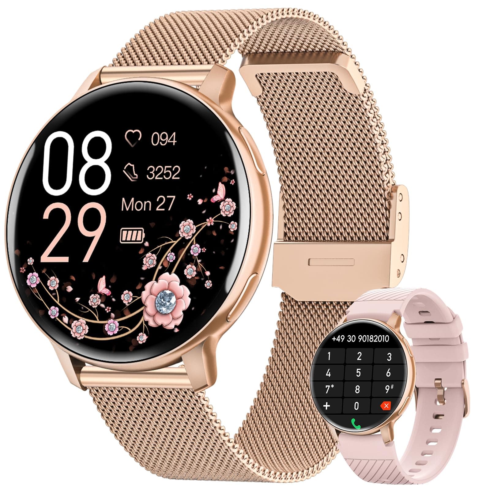 Montre Connectée Femme, 1.39" Smartwatch avec Appel Bluetooth, 24H Sommeil/Fréquence Cardiaque/SpO2 Fonction Féminine, 120+ Sportifs/IP68 Étanche Fitness Podomètre Compatible pour Android iOS, Or Rose
