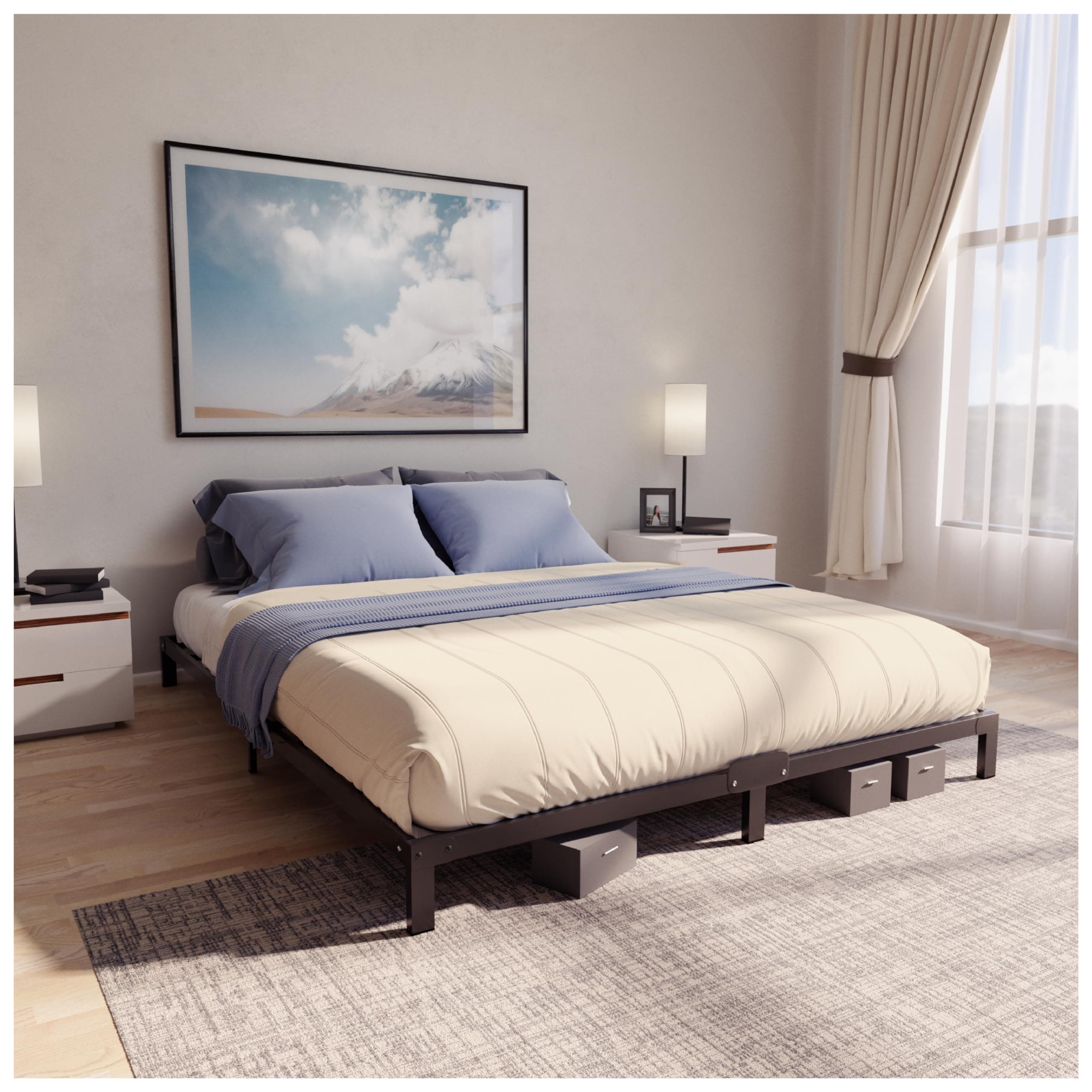 Dreamzie Cadre de Lit 120x200cm avec Sommier - Sommier 120x200 avec Pieds - Hauteur de 25cm - Structure Solide, Assemblage Facile et Espace de Rangement 22cm