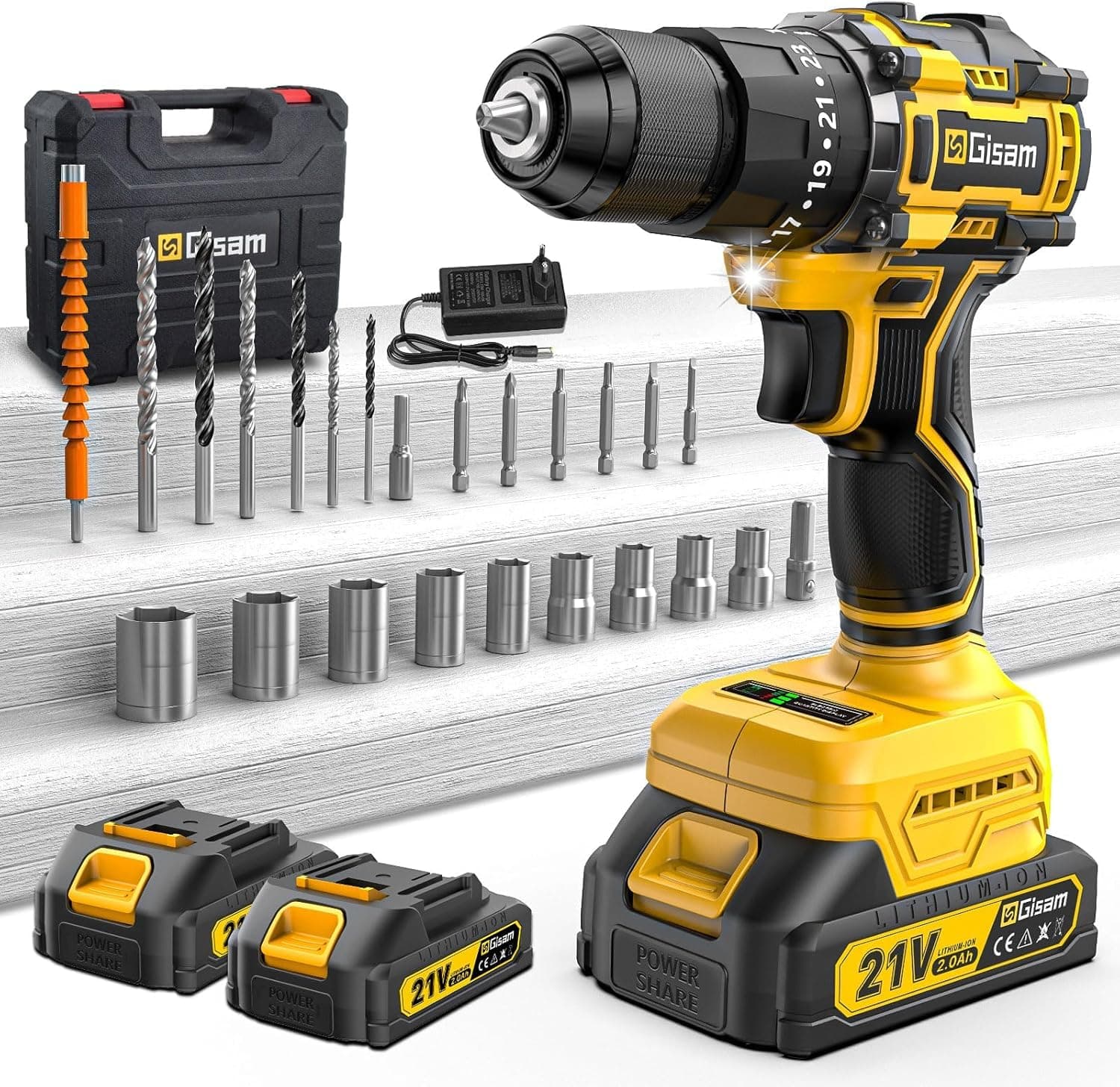 Taladro Percutor a Bateria 21V,2 x 2.0 AH Taladro Atornillador Bateria con,Atornillador Electrico 55Nm,23+3 Ajuste de Par,24 Accesorios,2 Velocidad, LED Luz Para Hogar,Bricolaje