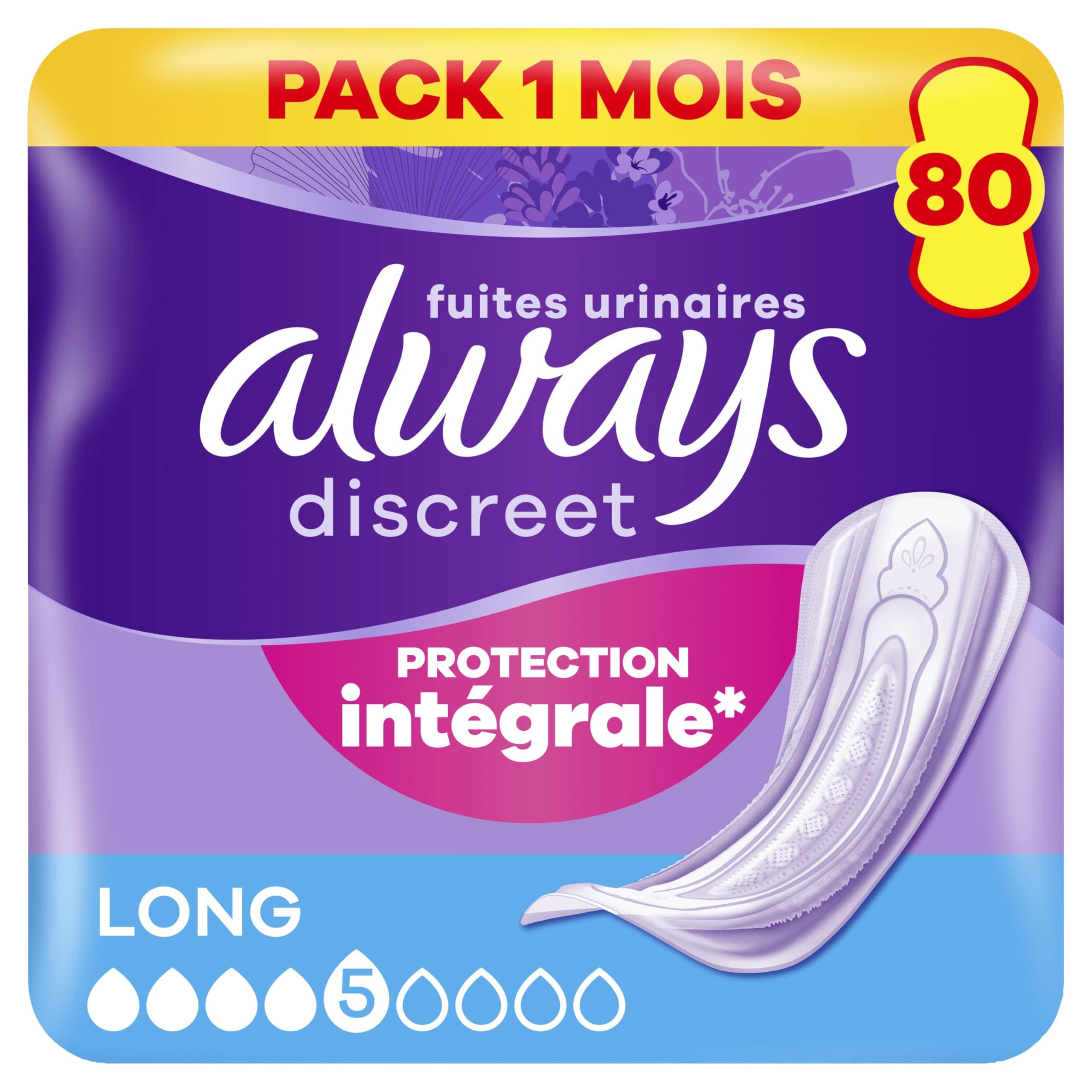 Always Discreet Serviettes Incontinence Long x64 Pack 1 Mois | Long 5 Gouttes. Protection Absorbante pour Fuites Urinaires Importantes.