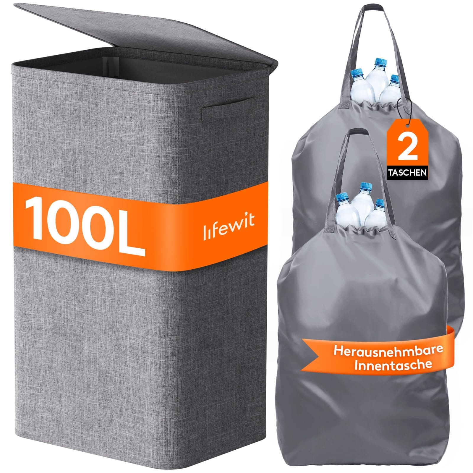 Lifewit 100L Pfandflaschen Sammelbehälter mit Deckel, Groß Pfandflaschen Aufbewahrung, Behälter Leergut & Altglas Aufbewahrung, Flaschensammler Küche Abstellraum Flaschentasche, Grau