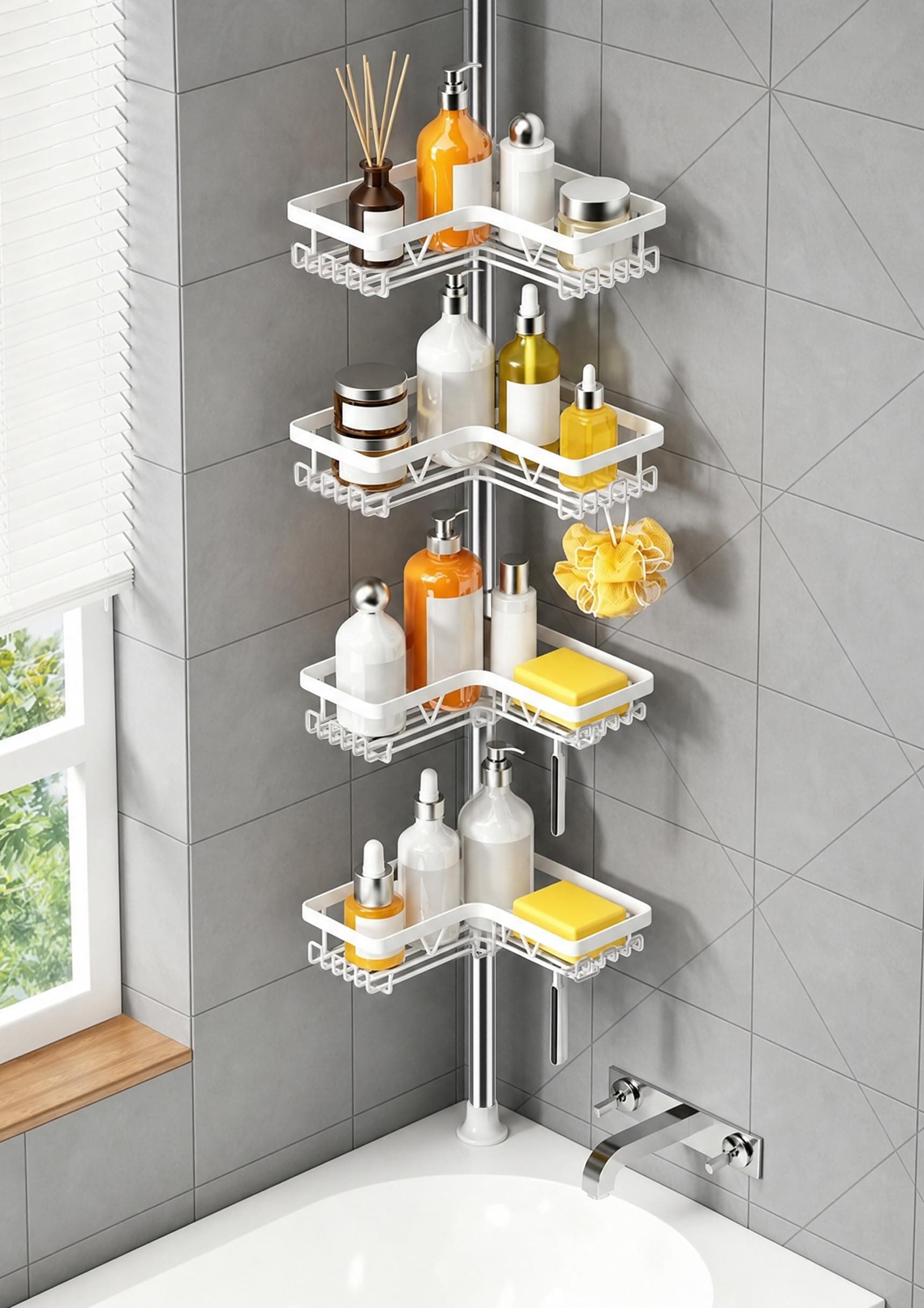KEGII Estantería Ducha Telescópica Esquina 4 Niveles, Blanca | Organizador de baño, Acero Inoxidable, Altura Ajustable 63.5-290 cm, Ideal para gel/champú/toallas