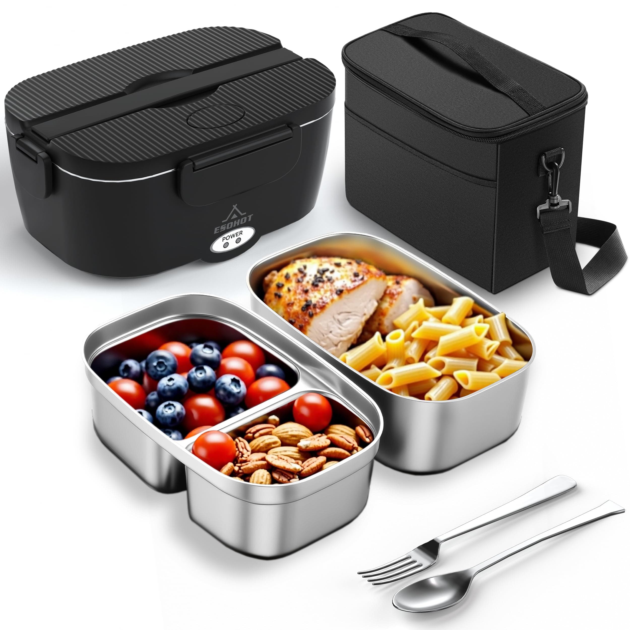 ESOHOT Fiambrera Electrica,120W Taper Electrico para Comida Calentamiento Ultrarrápido 3 en 1 Lonchera Electrica Trabajo 12V/24V/230V Para Viajes, Trabajo, Coche, Camión (1,5L x 2)