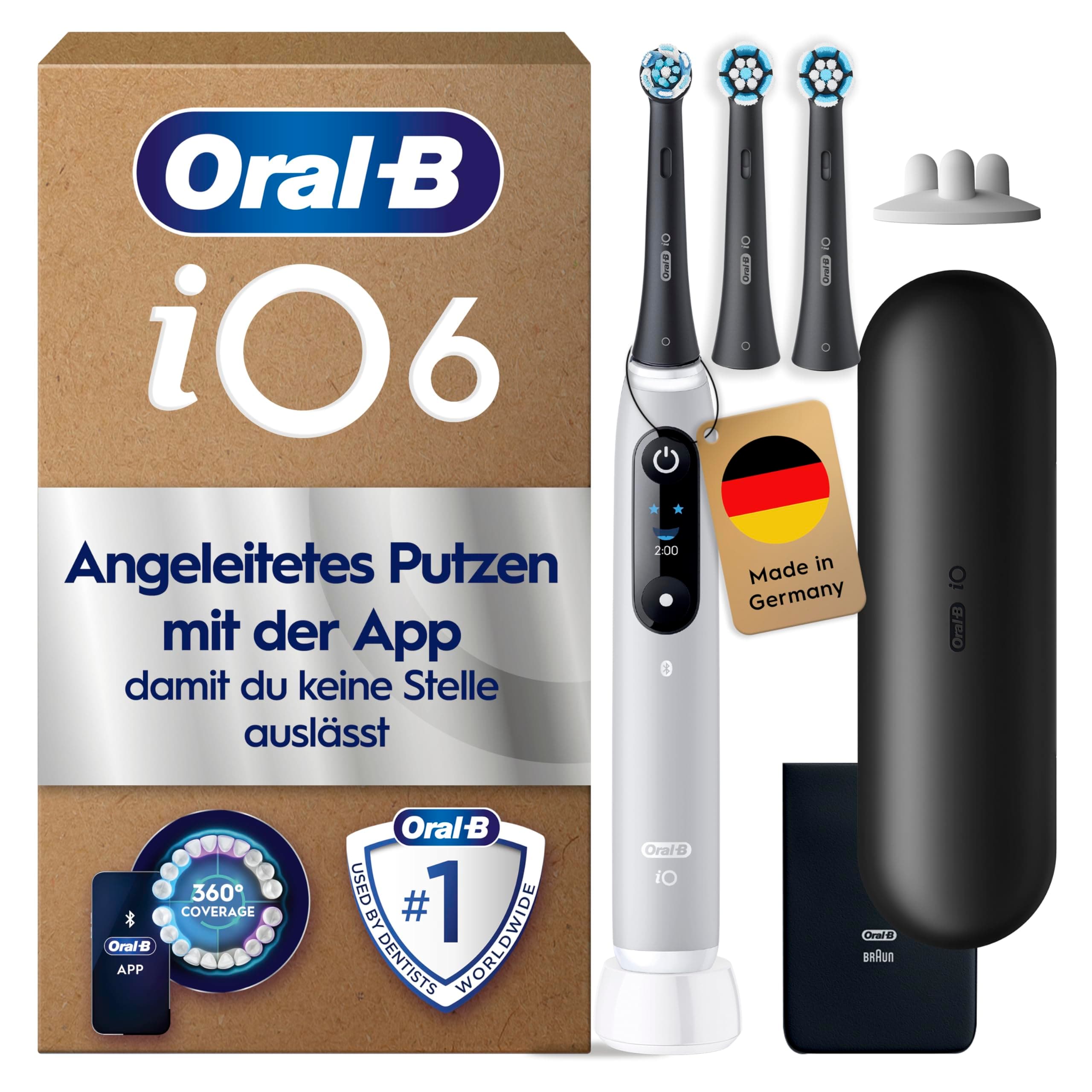 Oral-B iO Series 6 Plus Sensitive Edition Elektrische Zahnbürste/Electric Toothbrush, PLUS 3 Aufsteckbürsten, 5 Putzmodi für Zahnpflege, Reiseetui, Designed by Braun, grey opal