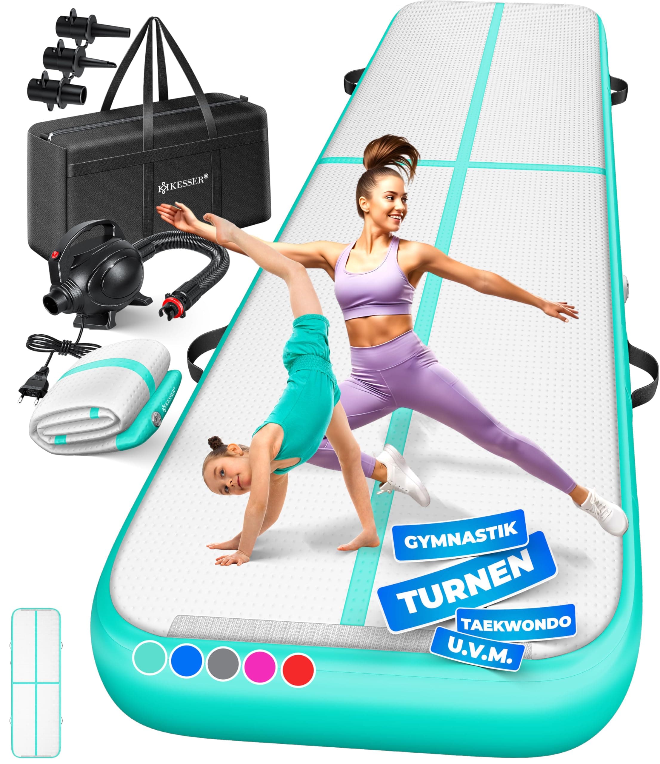 KESSER® Turnmatte Aufblasbar Airtrack 2m/3m/4m/5m/6m Fitness-Matte Gymnastikmatte | inkl. Tragetasche & elektr. Luftpumpe | Yogamatte, Tumbling Matten, Trainingsmatte, Turn- & Fitness