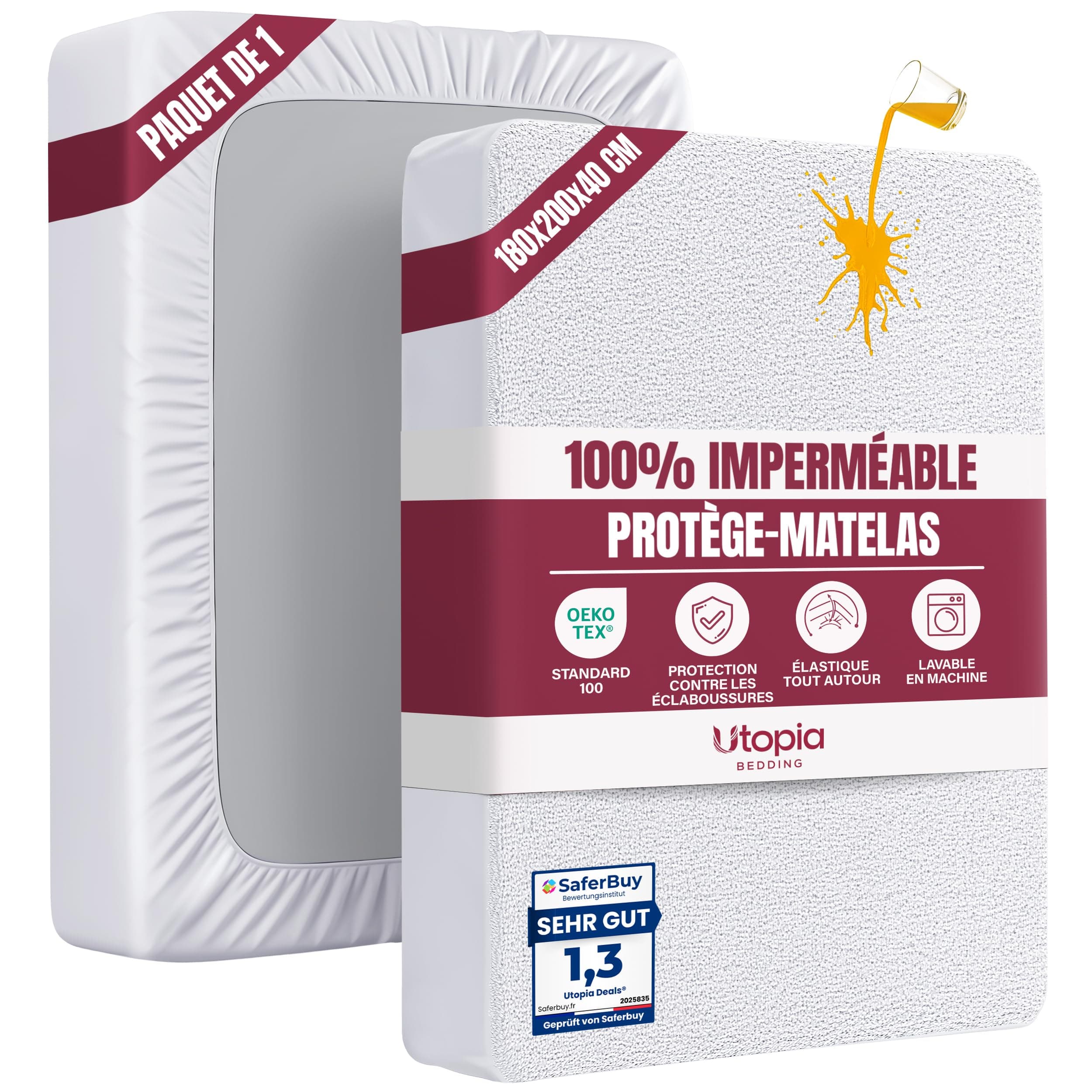 Utopia Bedding Protège Matelas 180 x 200 x 40 cm Imperméable, Certifié Oeko TEX, Alèse Drap Housse, Matelas Couvre, Respirant, Élastique Tout Autour Blanc