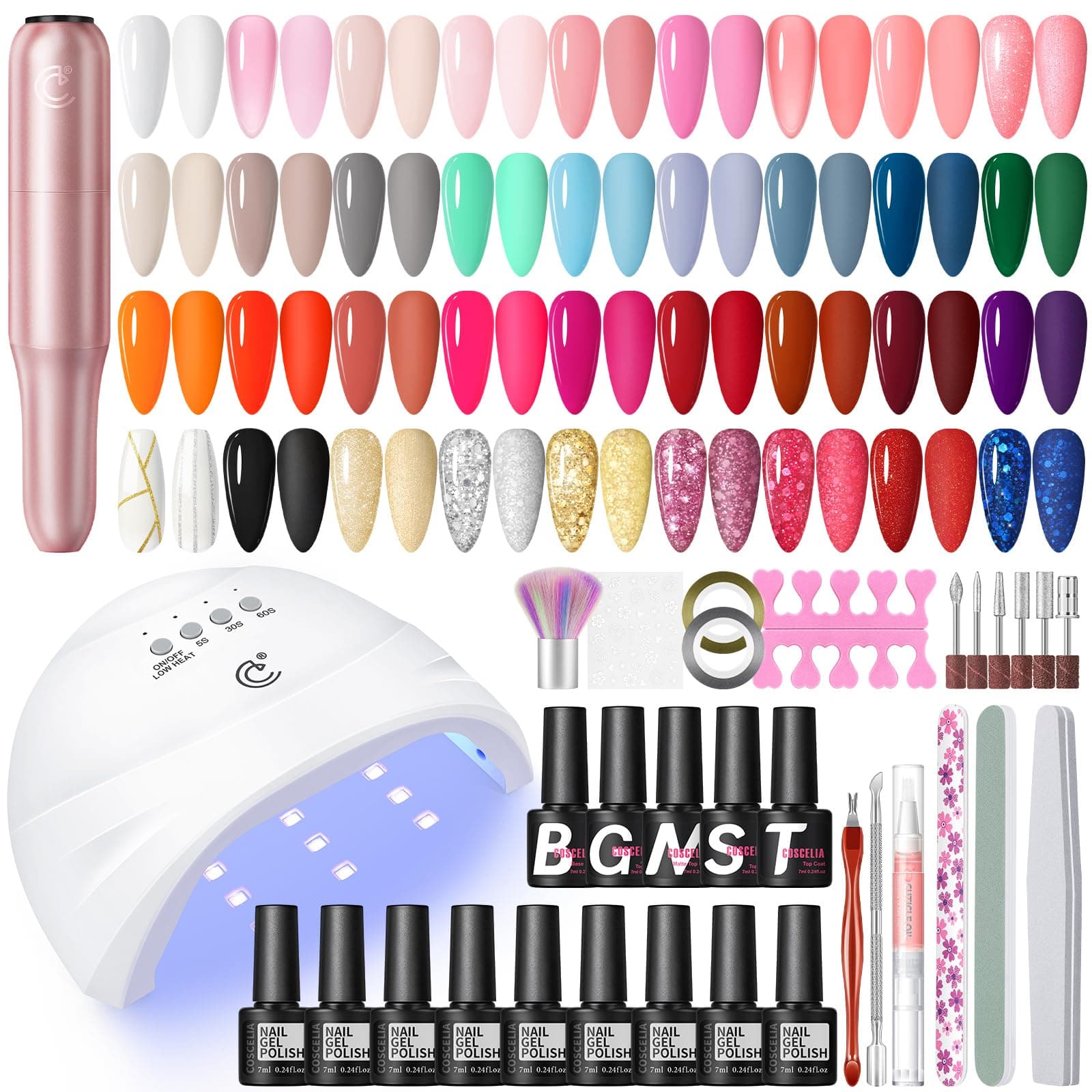 COSCELIA 40Pcs Kit Uñas Semipermanentes Completo con Lampara UV Torno para Uñas, 35 Colores Pintauñas Semipermanentes Rojo Negro Blanco 5pcs Base y Top Coat Kit Manicura con Herramientas