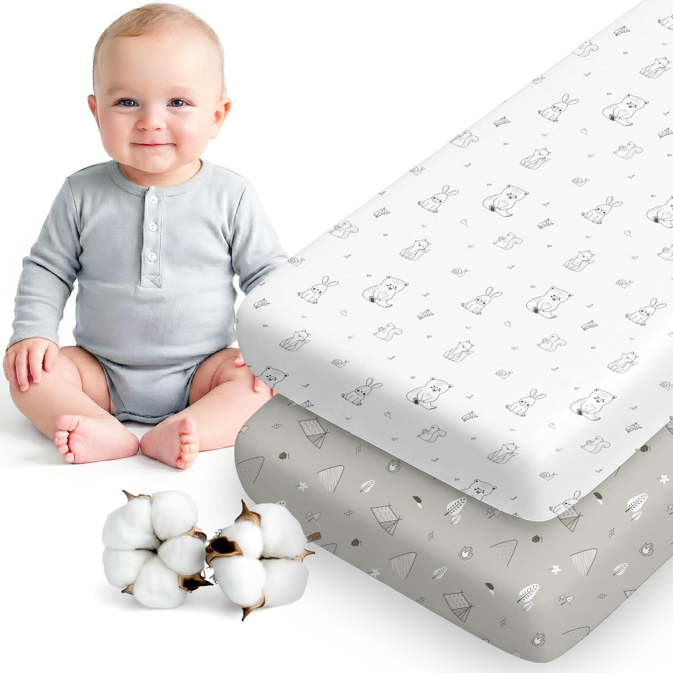 Dreamzie Juego de 2 Sabana Bajera Cuna 50x83 Algodon - Ajustables, Oeko Tex Certificado - para Carrito Bebe, Capazao y Cuna Pequena - Bosque Blanco/Gris