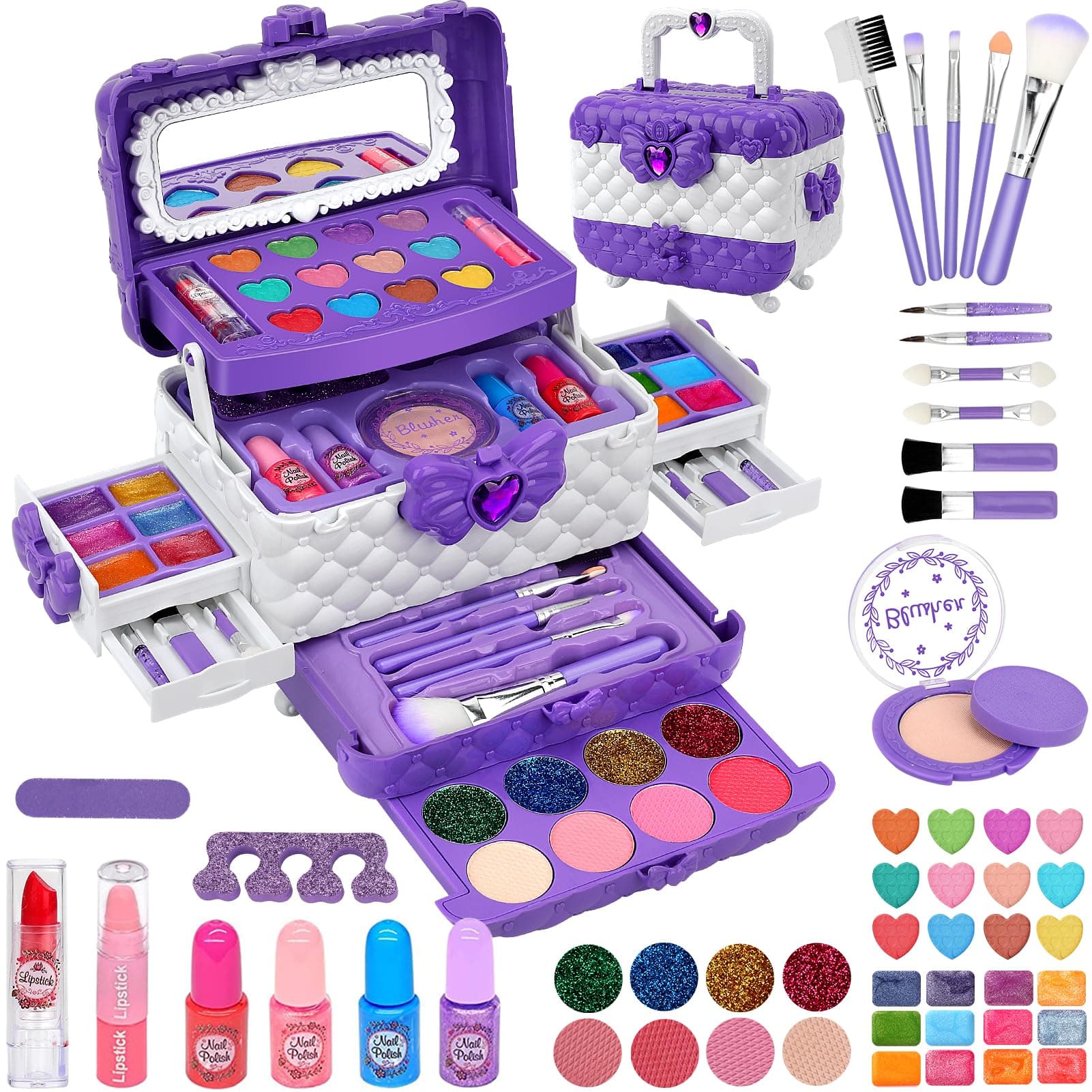 Maquillaje para Niñas - 55 Pcs Lavable de Maquillaje para Niña Juguetes,Regalo de Princesa para Niña, Cumpleaños y Navidad de para Niñas 3 4 5 6 7 8 9 10 Años