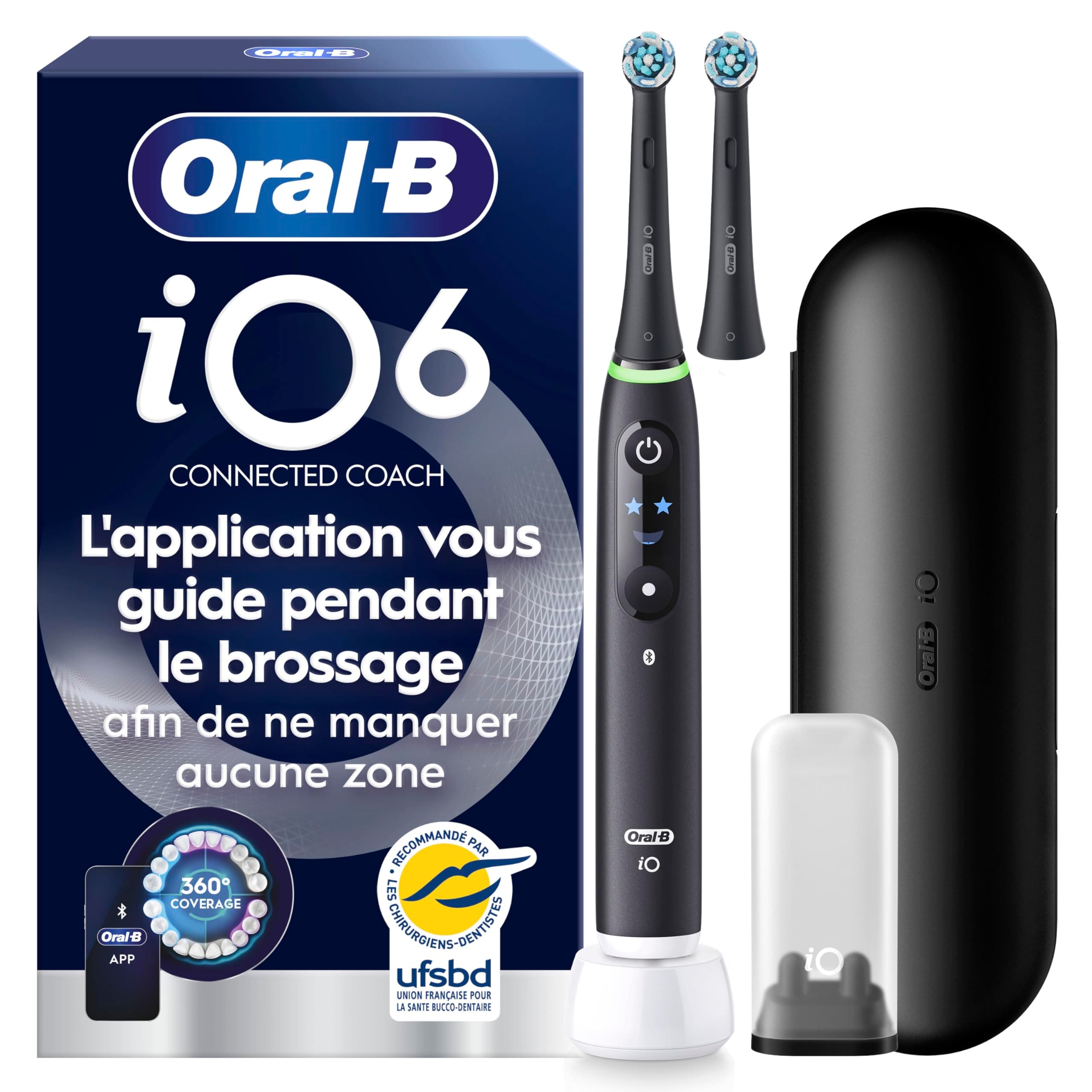 Oral-B Brosse à Dents Electrique iO 6, 2 Brossettes de Rechange, Noire – 5 Modes de Brossage dont Blancheur et Soin des Gencives, Capteur de Pression, Batterie Rechargeable, Ecran Interactif, Etui