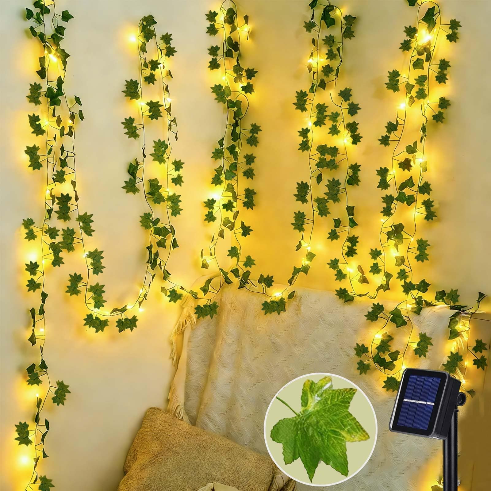 Joycome Lierre Artificiel Guirlande Lumineuse, 10M 100 LED Guirlande Feuille Artificielles Solaire, 8 Modes Faux Lierre, IP65 Étanche Decoration Terrasse Exterieur Jardin Balcon Mural