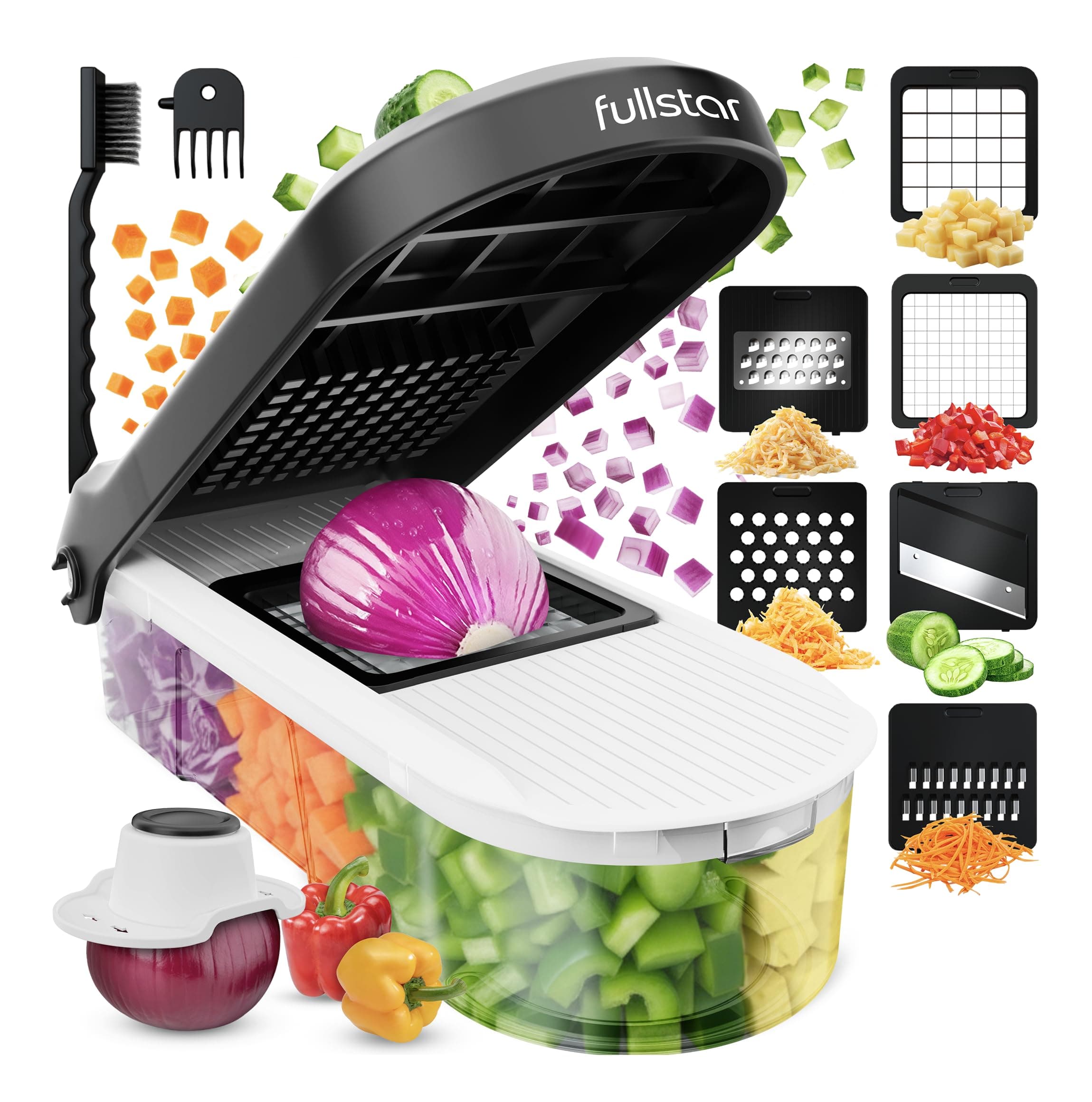 Fullstar Coupe Legumes Multifonctions et Mandoline - Trancheur ou Découpe Cube Oignons Carottes Concombres Frites Fruits - Rapeuse Legume et Fromage - Cuisine Accessoires (Compact 6-en-1 Blanc)