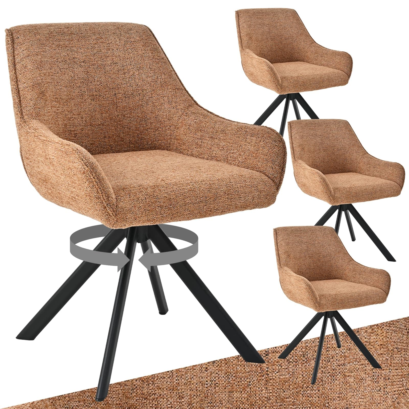 Goeurvant Chaises de Salle à Manger Pivotantes 360°avec Accoudoirs Lot de 4, Chaise Rembourrée en Chenille, Fauteuil Moderne avec Pieds Métal Noir, Chaise Cuisine/Bureau/Salon, Camel