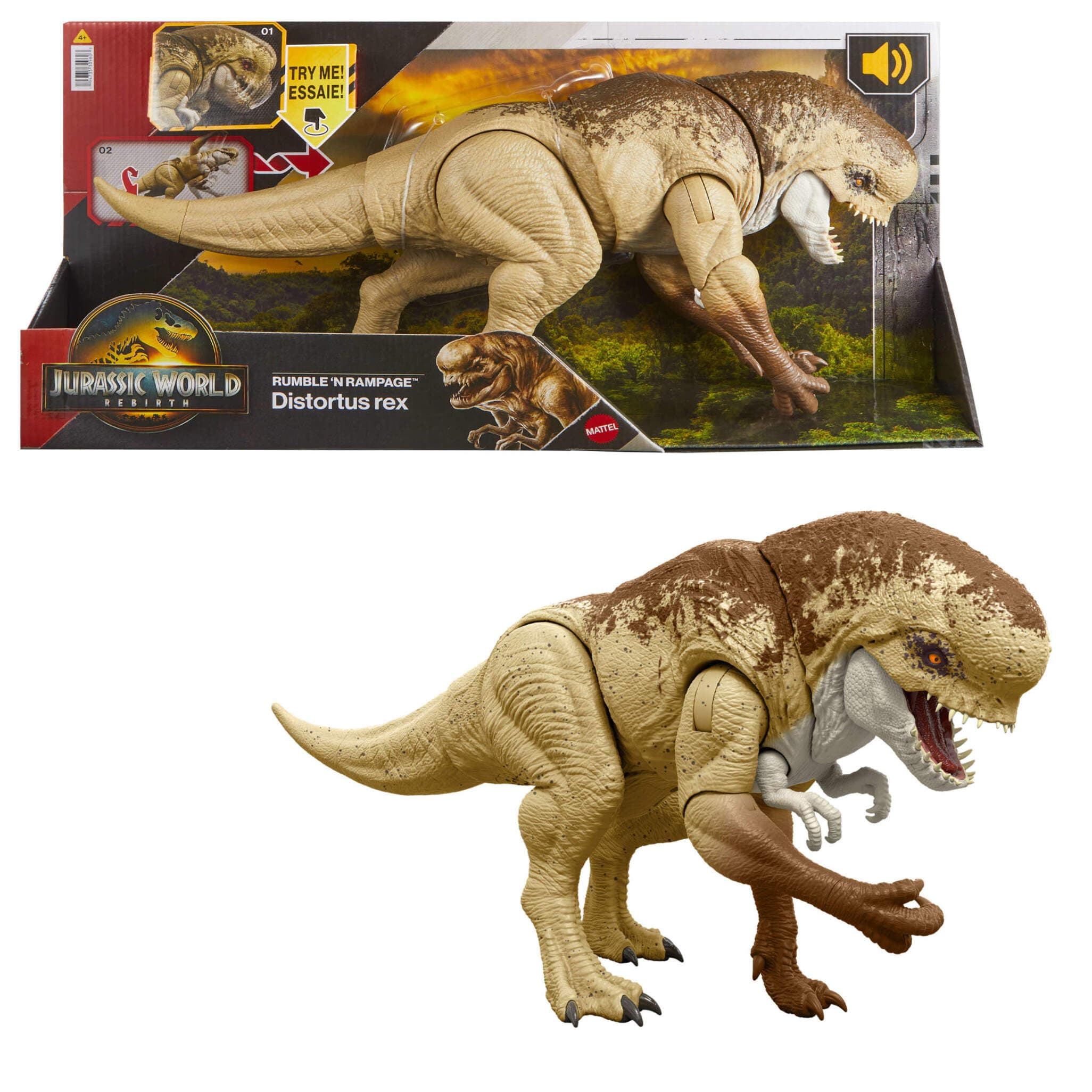 Mattel Jurassic World: El Renacer Rumble 'N Rampage Figura de acción de dinosaurio Distortus Rex de 56 cm con dos acciones de ataque, diseño fiel, juego digital, JJP79
