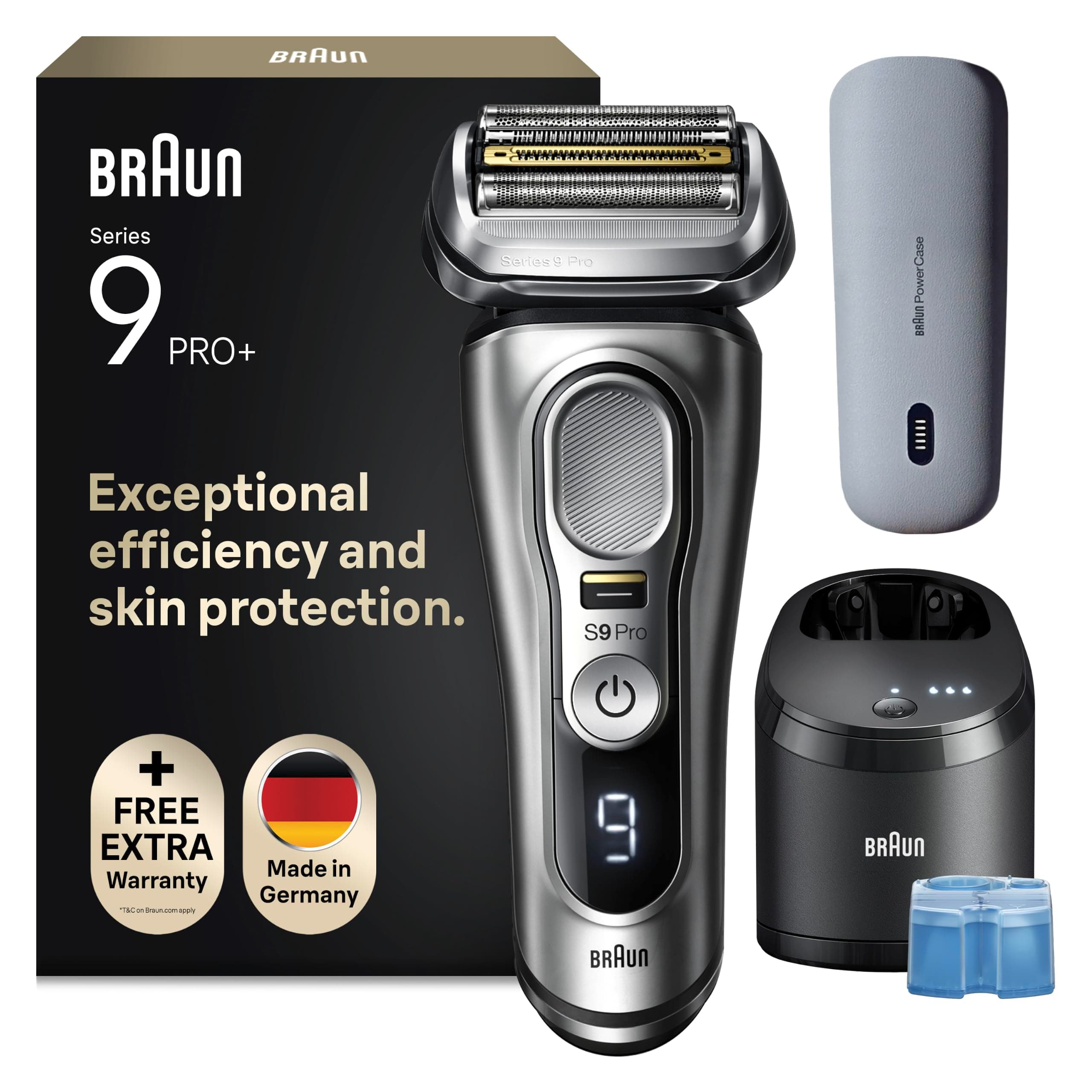 Braun Rasierer Herren Elektrisch Series 9, 9477cc, Silber | Elektrorasierer, 4+1 Scherkopf, Barttrimmer, 60 Min. Akku, Wasserdicht, Made in Germany, Inkl. Ladeetui, Reinigungsstation