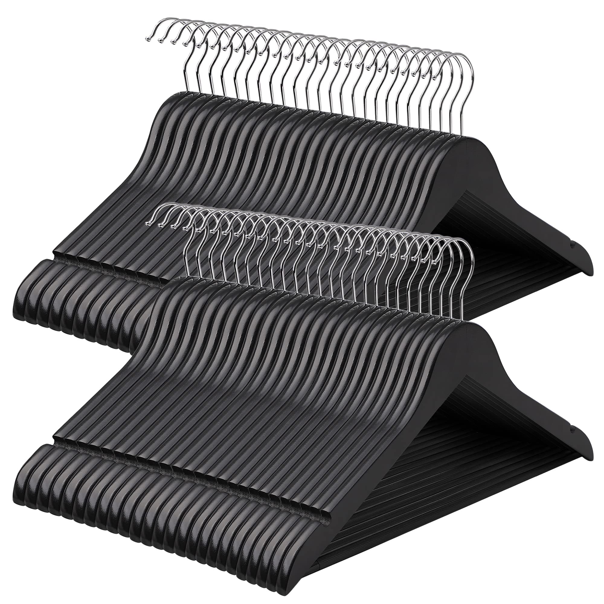 SONGMICS Cintre Bois, Lot de 50, avec Encoches Antiglisse, Barre Antiglisse pour Pantalons, Crochet Pivotant 360°, pour Costumes, Chemises, Manteaux, Noir et Argent CRW02B-50