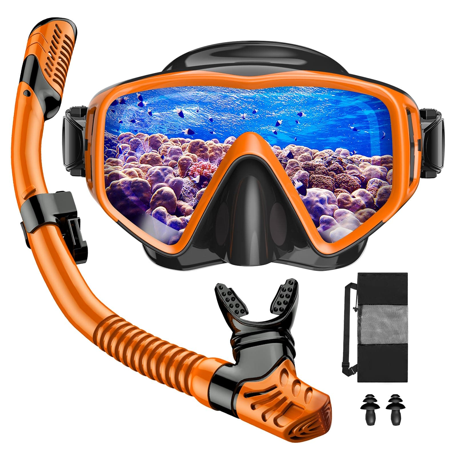 JEMULICE Gafas y Tubo de Snorkel Set para Adulto, Panorámico de 180° Gafas de Buceo Adulto de Cristal Templado y Dry Top Snorkel, Equipo de Buceo Juego de Snorkel Profesional para Mujeres Y Hombres