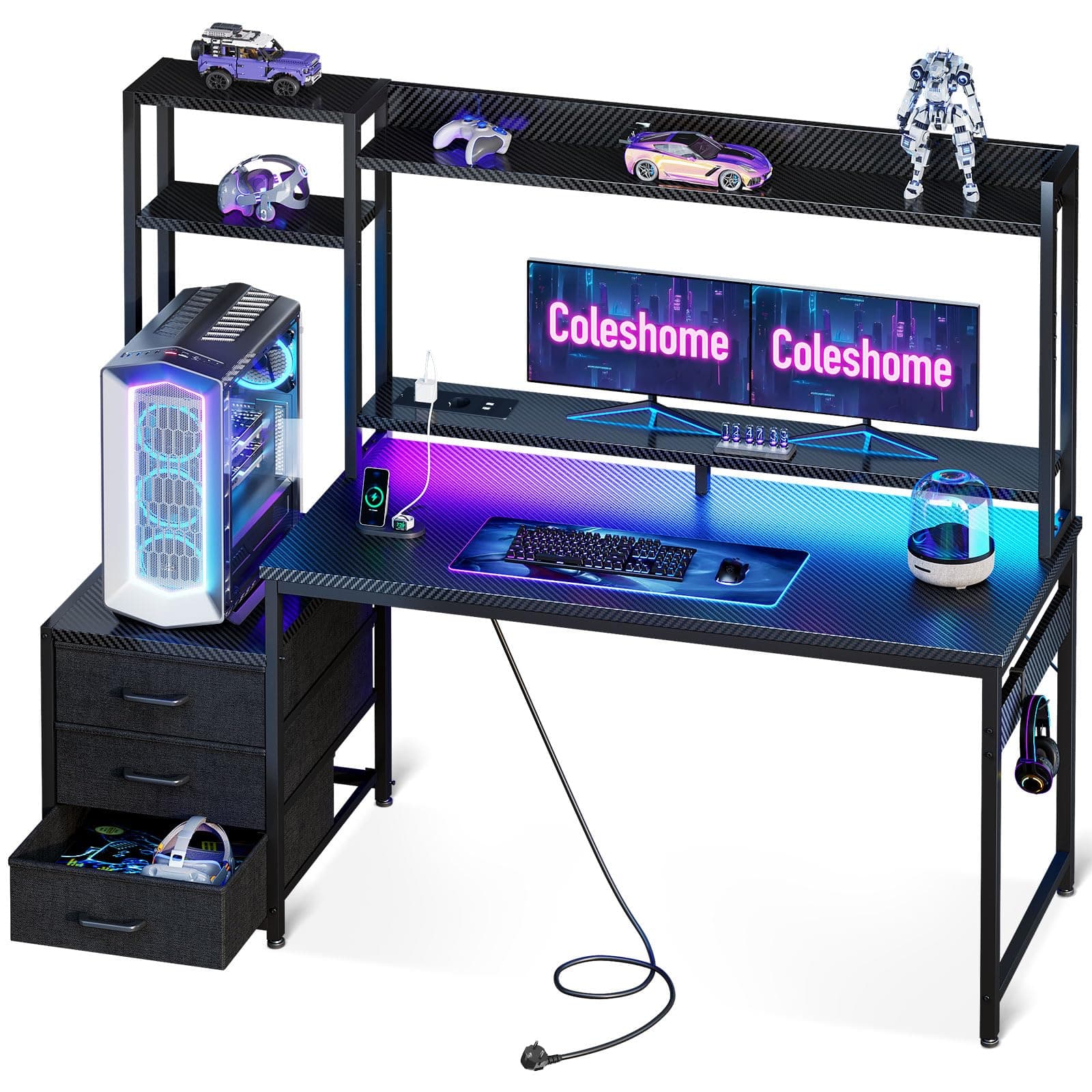 Coleshome Scrivania Gaming con Libreria e Cassetti, Tavolo Gaming con Illuminazione LED & Presa di Corrente, Scrivania Computer con Ripiani di Archiviazione (Nero Fibra di Carbonio, 137×48 cm)