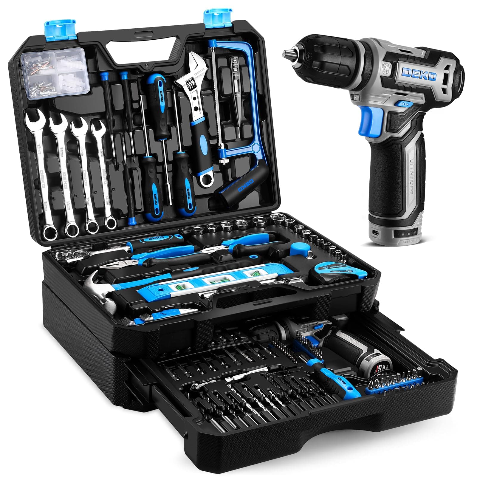 DEKO 238 Pièces Caisse à Outil avec Visseuse Dévisseuse Sans Fil 12V - Caisse à Outil Complète Professionnelle avec Perceuse, Tournevis, Clés et Accessoires pour Bricolage - Bleu