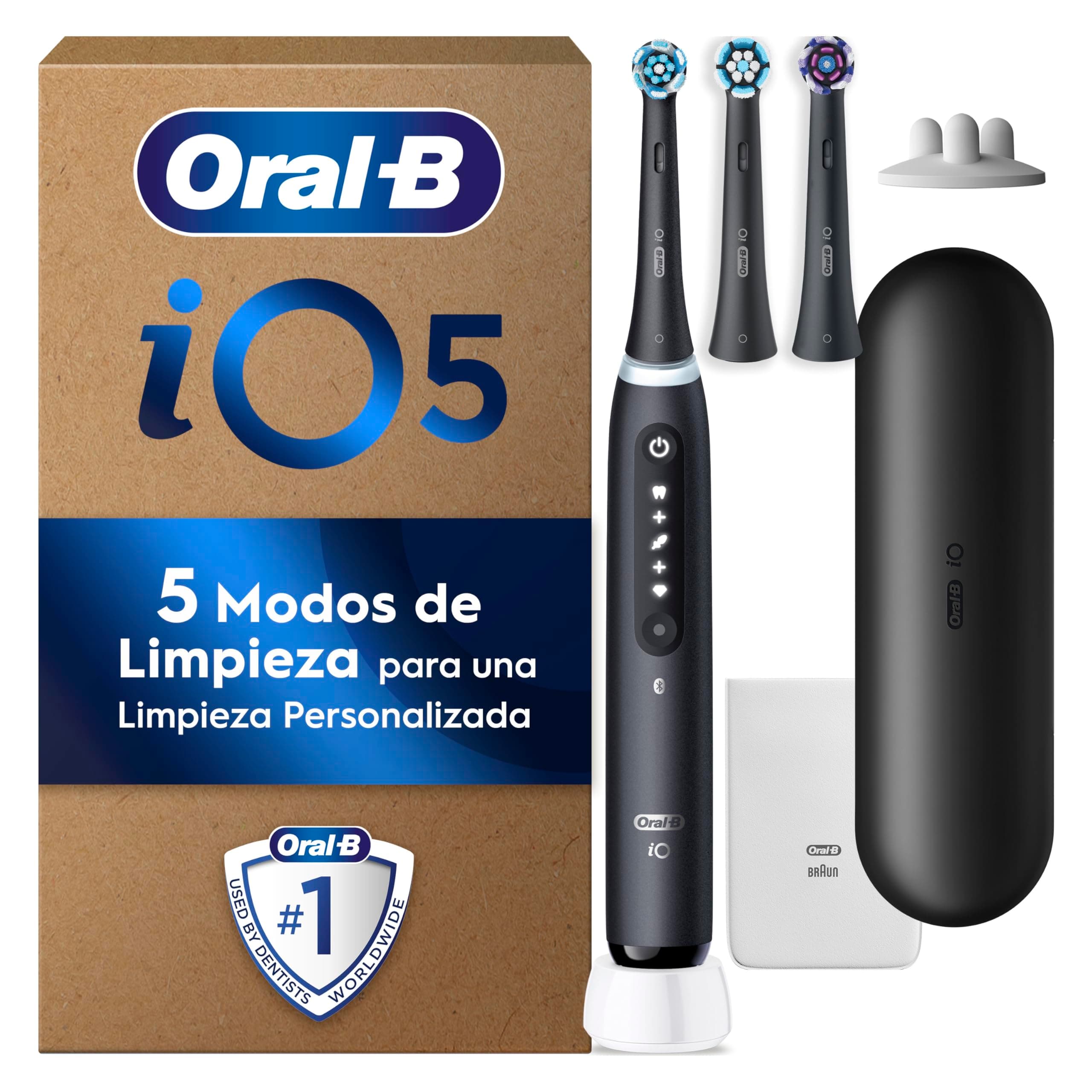 Oral-B iO 5 Cepillo De Dientes Eléctrico Negro Con 3 Cabezales y 1 Estuche De Viaje, 5 Modos De Cepillado Con Blanqueamiento Dental, Sensor De Presión, Diseñado Por Braun