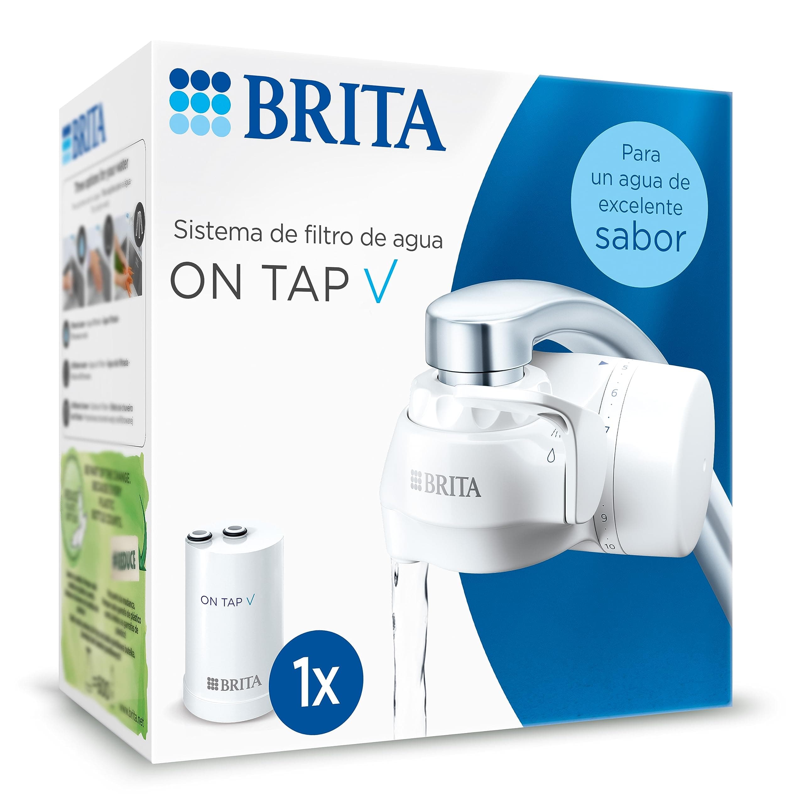 BRITA ON TAP V Sistema de filtro de agua, incluye 1 cartucho: agua sostenible y de buen sabor directo del grifo, reduce micropartículas, PFAS, metales y sustancias que afectan el sabor.